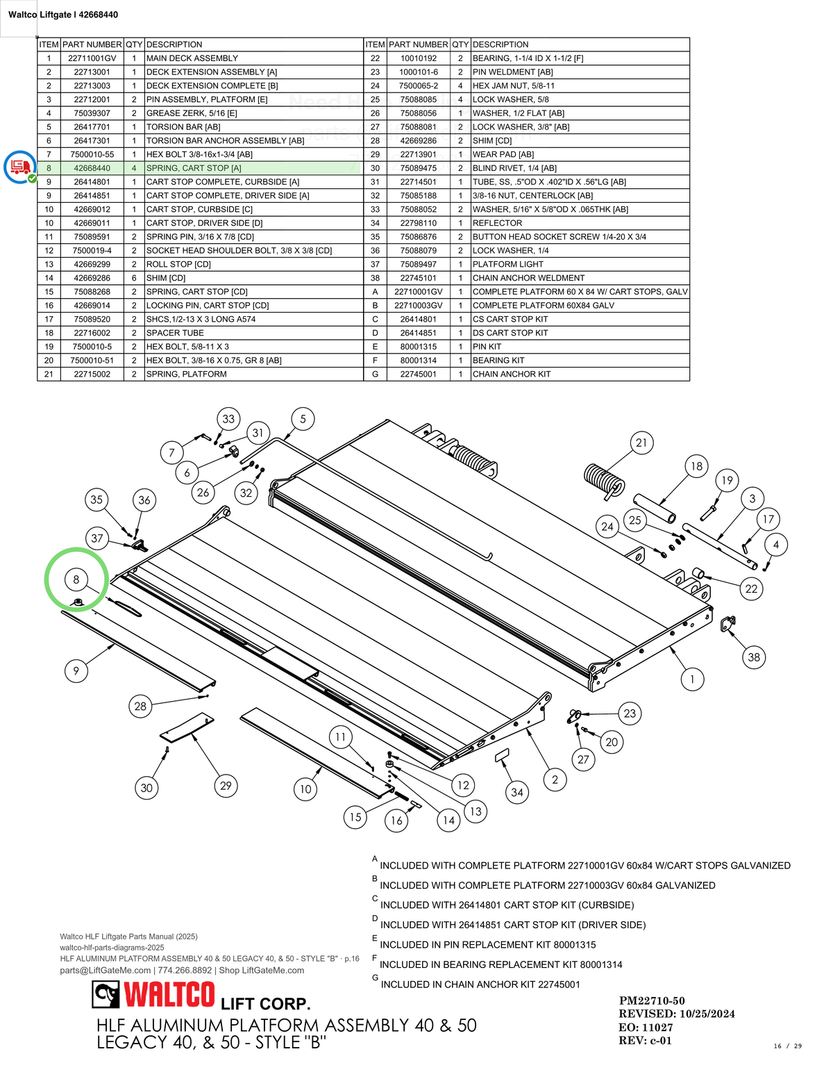 Waltco Liftgate | 42668440 — HLF ALUMINUM PLATFORM ASSEMBLY 40 & 50 LEGACY 40, & 50 - STYLE "B" · p.16 (Waltco HLF Parts Manual)