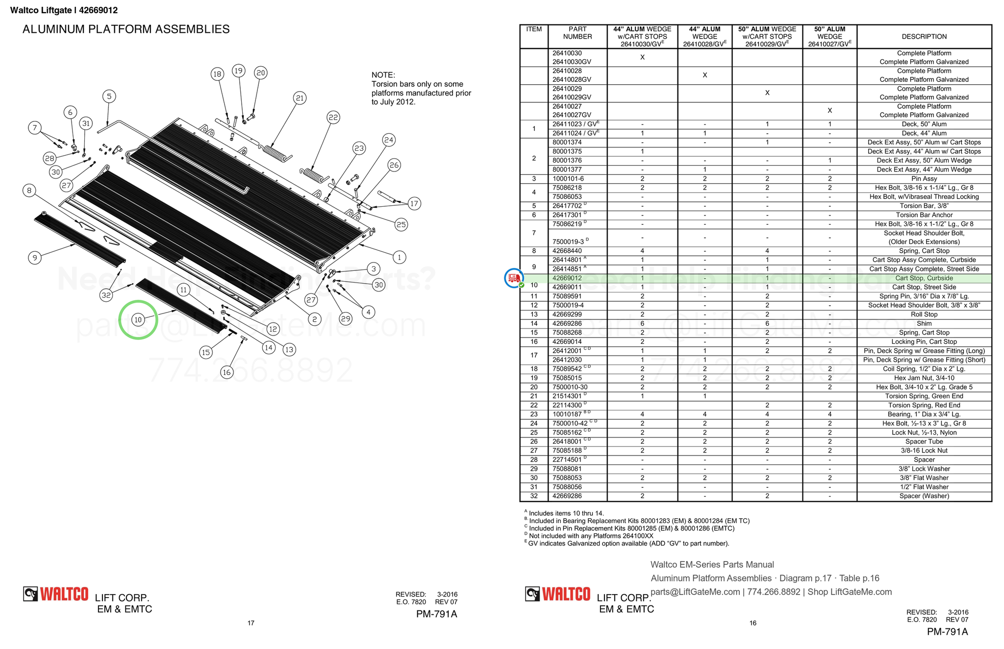 Waltco Liftgate | 42669012 — Aluminum Platform Assemblies · Diagram p.17 · Table p.16 (Waltco EM-Series Parts Manual)