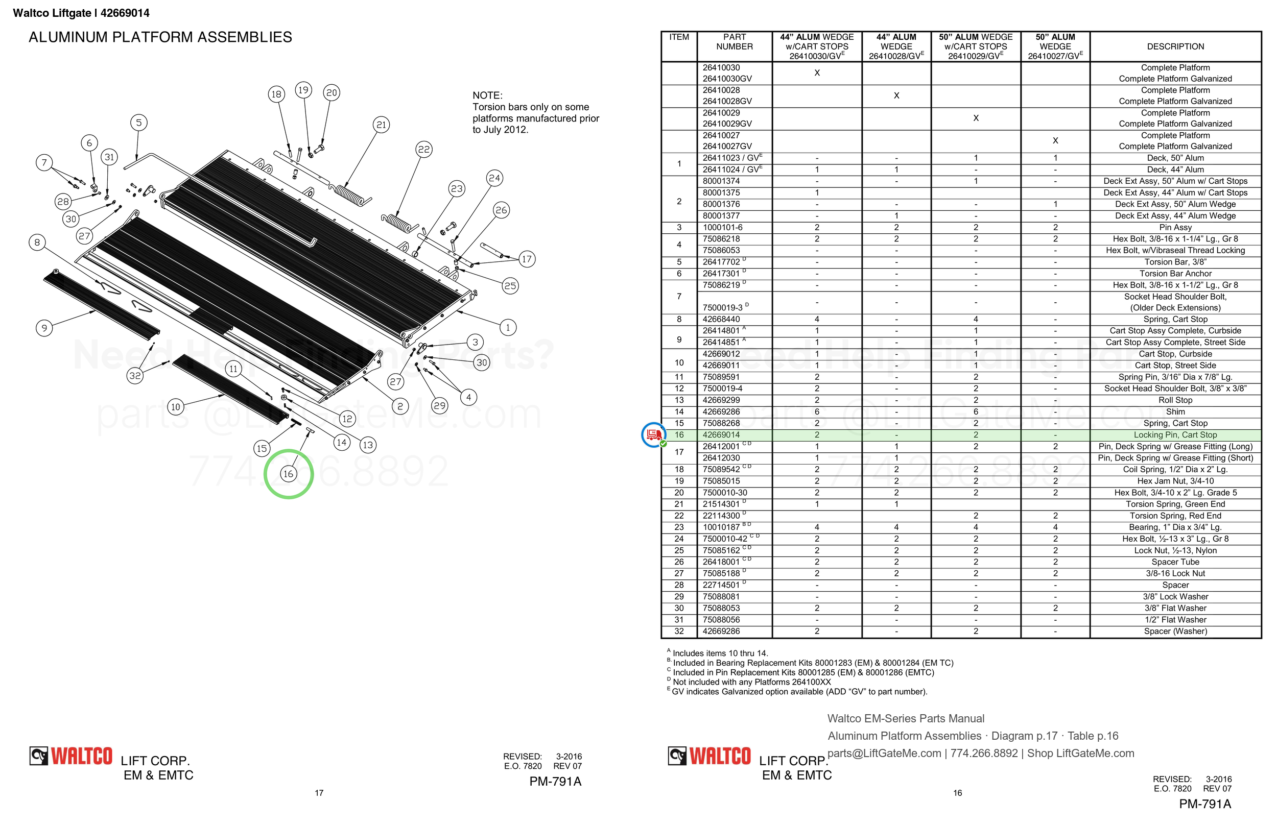 Waltco Liftgate | 42669014 — Aluminum Platform Assemblies · Diagram p.17 · Table p.16 (Waltco EM-Series Parts Manual)