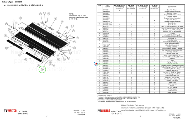 Waltco Liftgate | 42669014 — Aluminum Platform Assemblies · Diagram p.17 · Table p.16 (Waltco EM-Series Parts Manual)