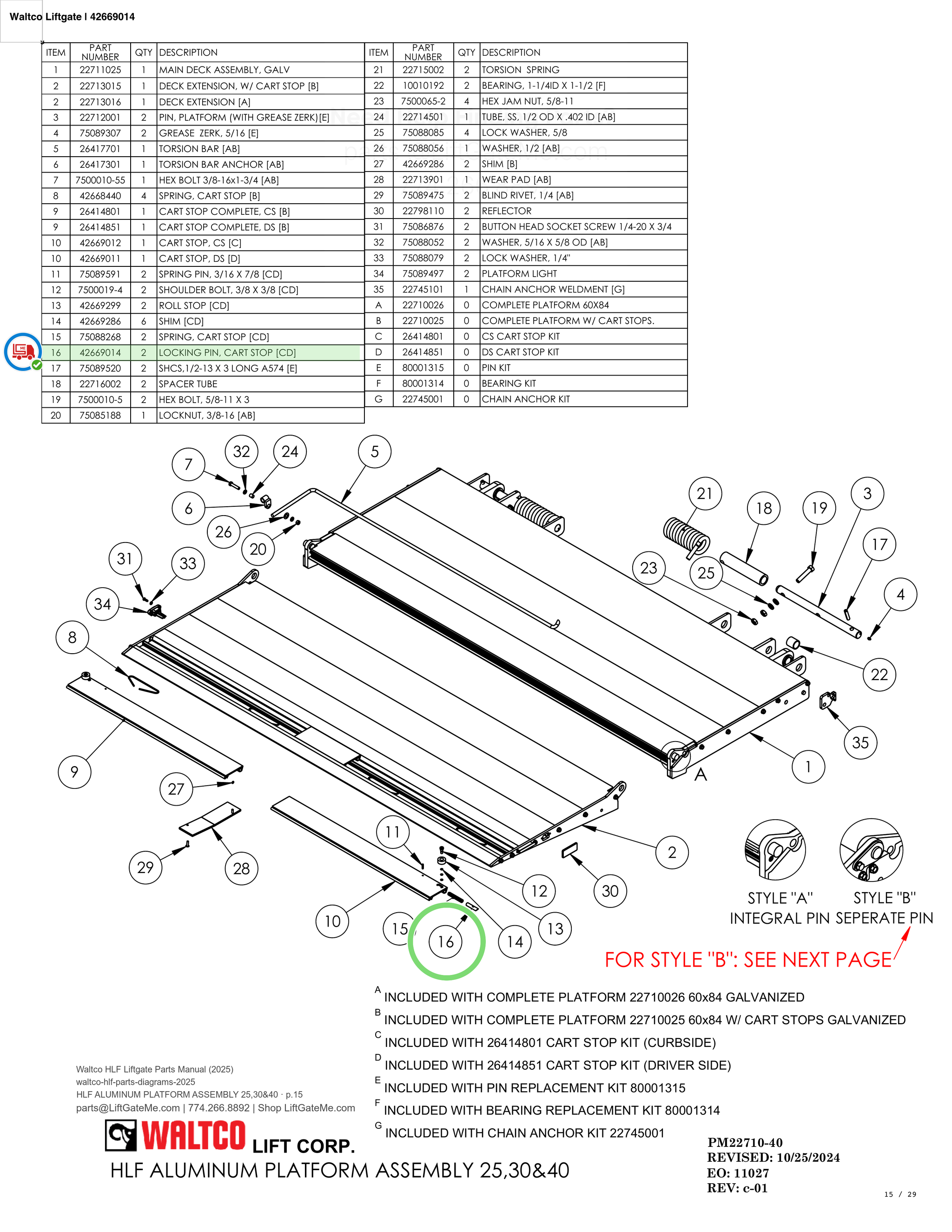 Waltco Liftgate | 42669014 — HLF ALUMINUM PLATFORM ASSEMBLY 25,30&40 · p.15 (Waltco HLF Parts Manual)