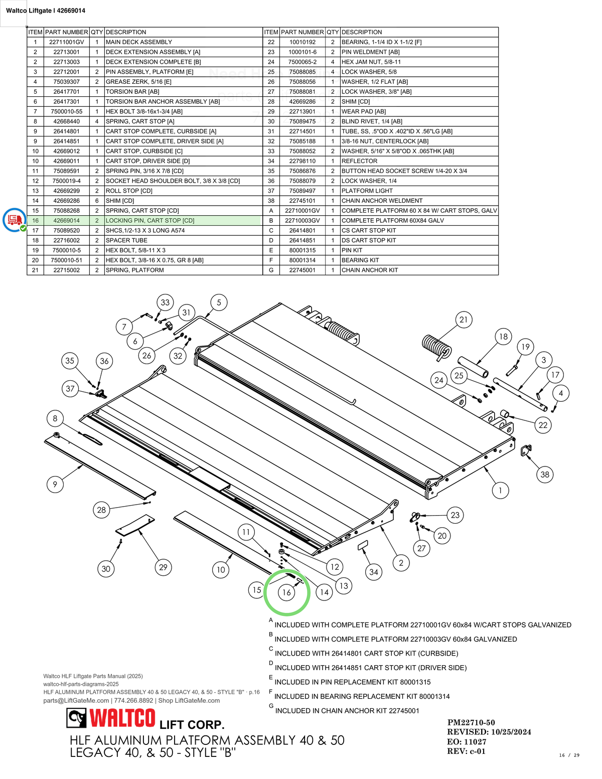 Waltco Liftgate | 42669014 — HLF ALUMINUM PLATFORM ASSEMBLY 40 & 50 LEGACY 40, & 50 - STYLE "B" · p.16 (Waltco HLF Parts Manual)