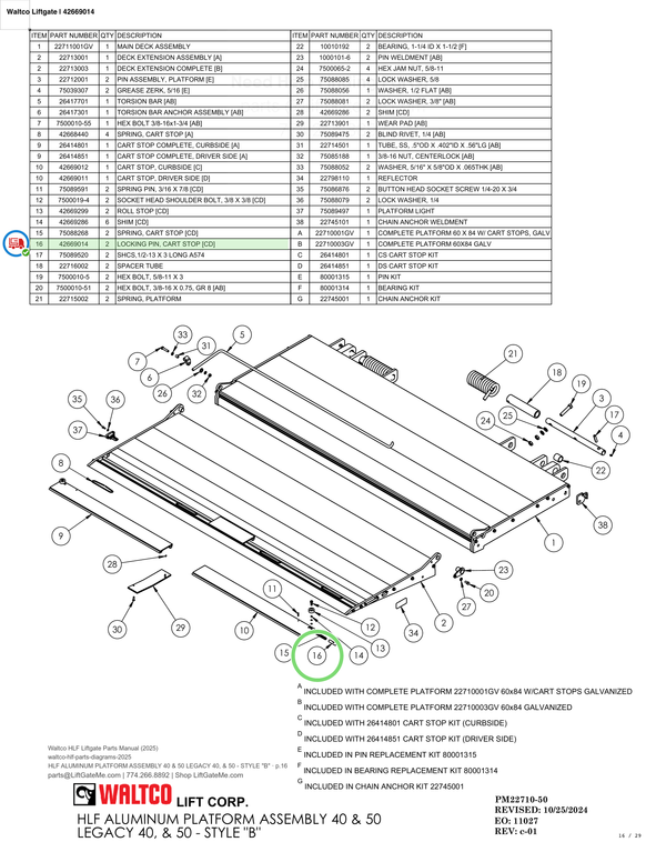 Waltco Liftgate | 42669014 — HLF ALUMINUM PLATFORM ASSEMBLY 40 & 50 LEGACY 40, & 50 - STYLE "B" · p.16 (Waltco HLF Parts Manual)