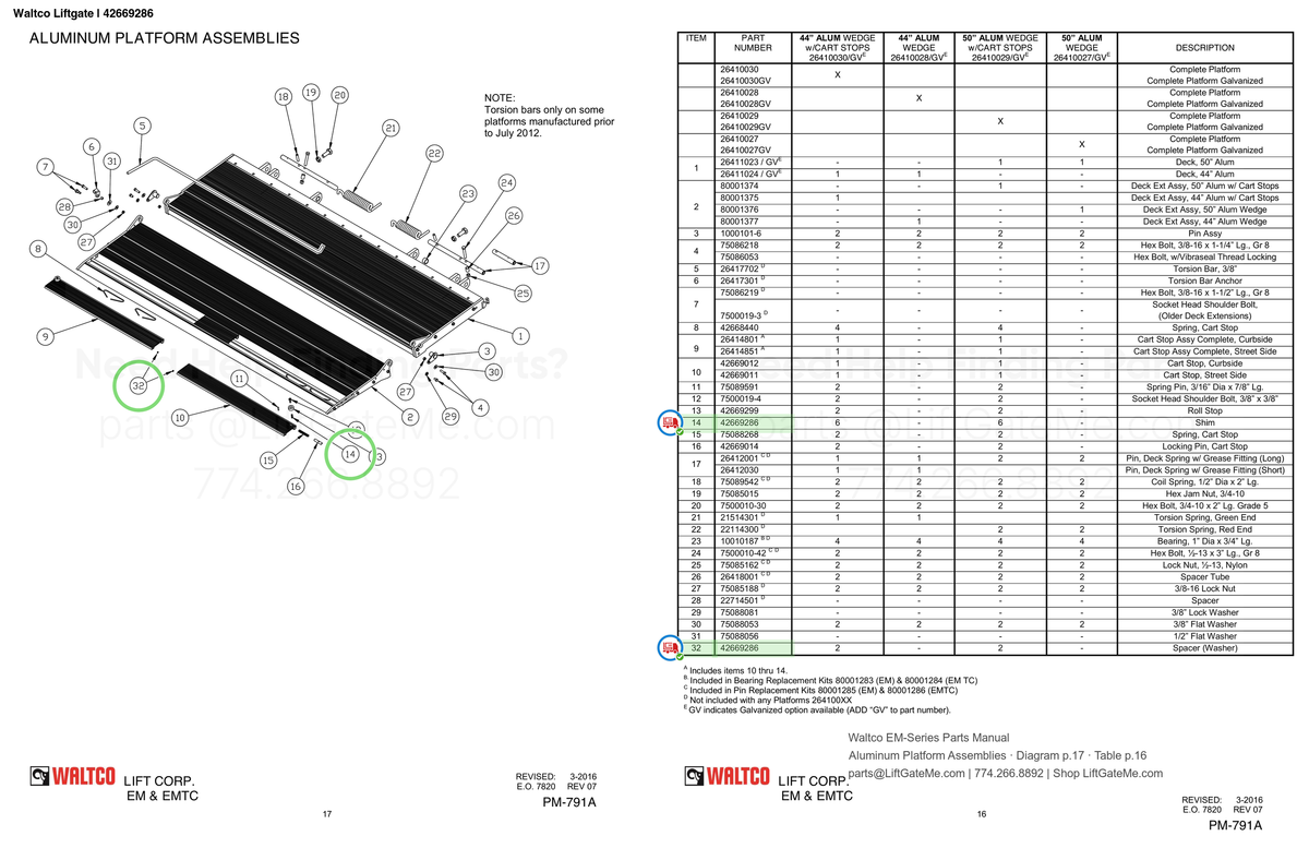 Waltco Liftgate | 42669286 — Aluminum Platform Assemblies · Diagram p.17 · Table p.16 (Waltco EM-Series Parts Manual)