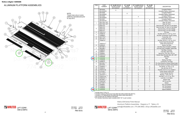Waltco Liftgate | 42669286 — Aluminum Platform Assemblies · Diagram p.17 · Table p.16 (Waltco EM-Series Parts Manual)
