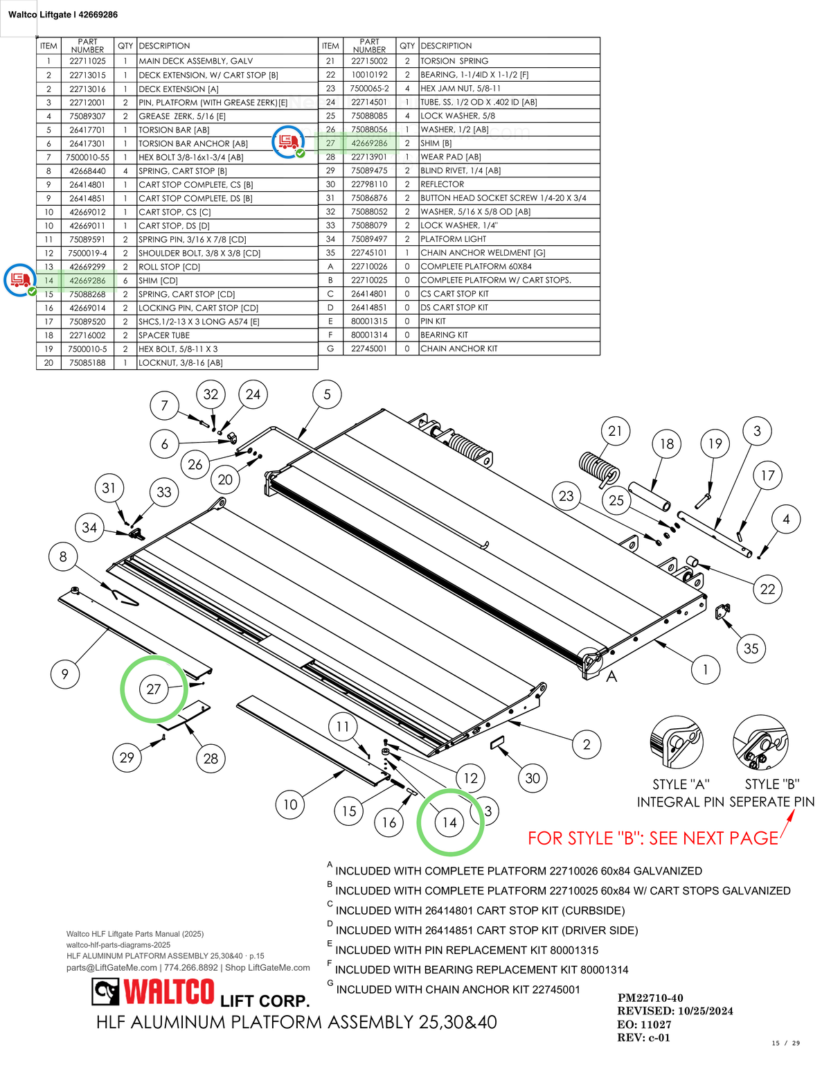 Waltco Liftgate | 42669286 — HLF ALUMINUM PLATFORM ASSEMBLY 25,30&40 · p.15 (Waltco HLF Parts Manual)