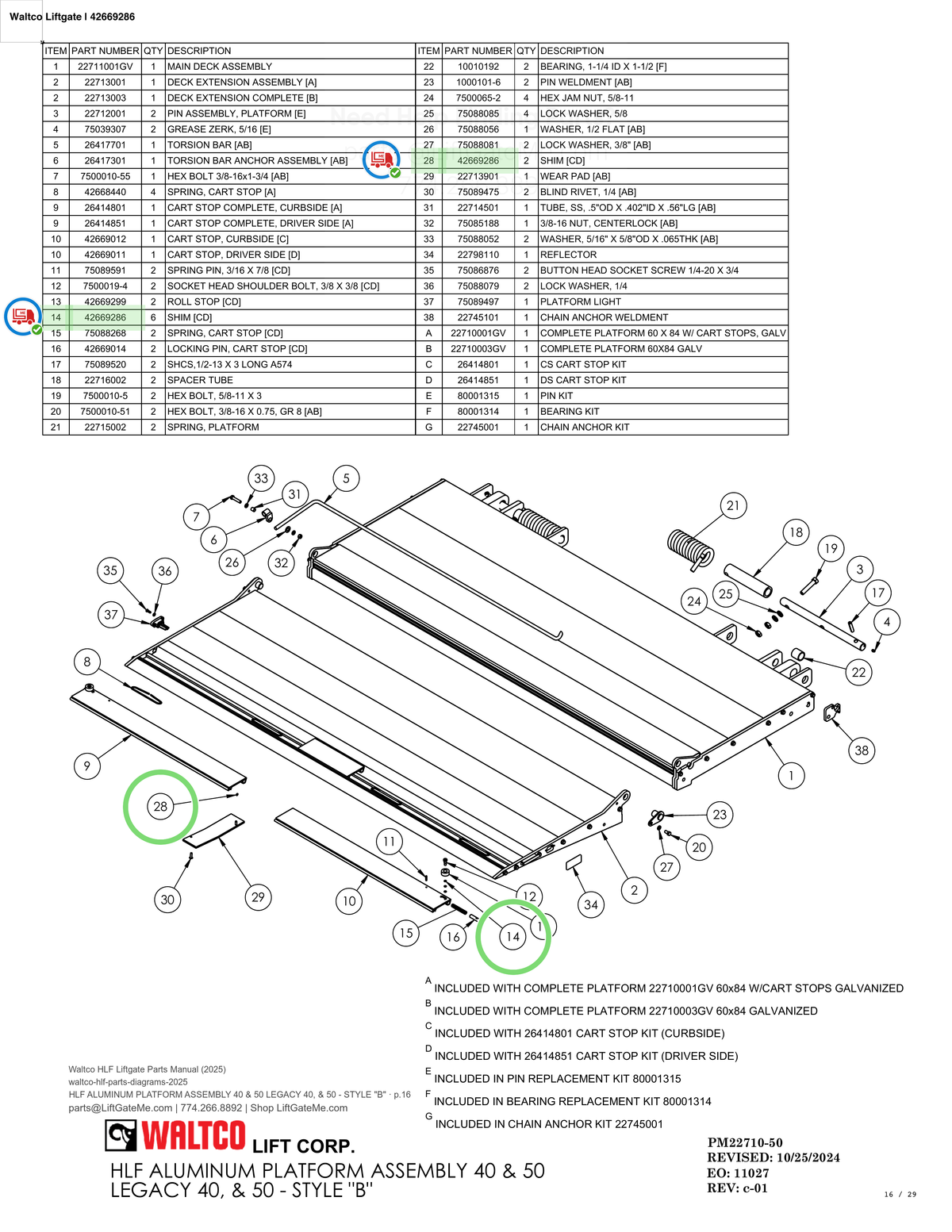 Waltco Liftgate | 42669286 — HLF ALUMINUM PLATFORM ASSEMBLY 40 & 50 LEGACY 40, & 50 - STYLE "B" · p.16 (Waltco HLF Parts Manual)