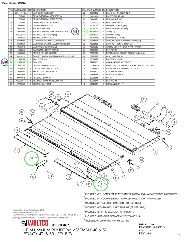 Waltco Liftgate | 42669286 — HLF ALUMINUM PLATFORM ASSEMBLY 40 & 50 LEGACY 40, & 50 - STYLE "B" · p.16 (Waltco HLF Parts Manual)