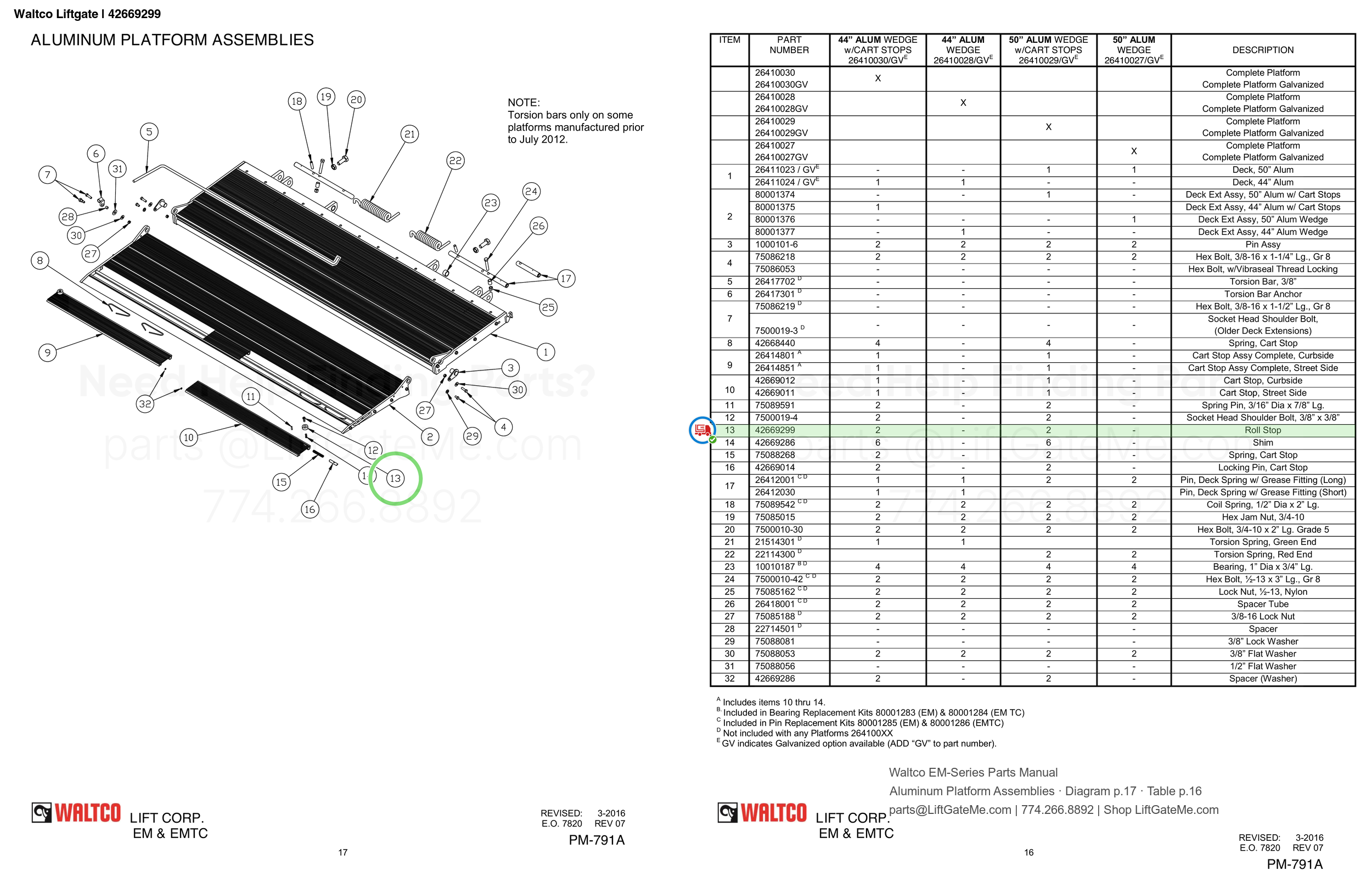 Waltco Liftgate | 42669299 — Aluminum Platform Assemblies · Diagram p.17 · Table p.16 (Waltco EM-Series Parts Manual)