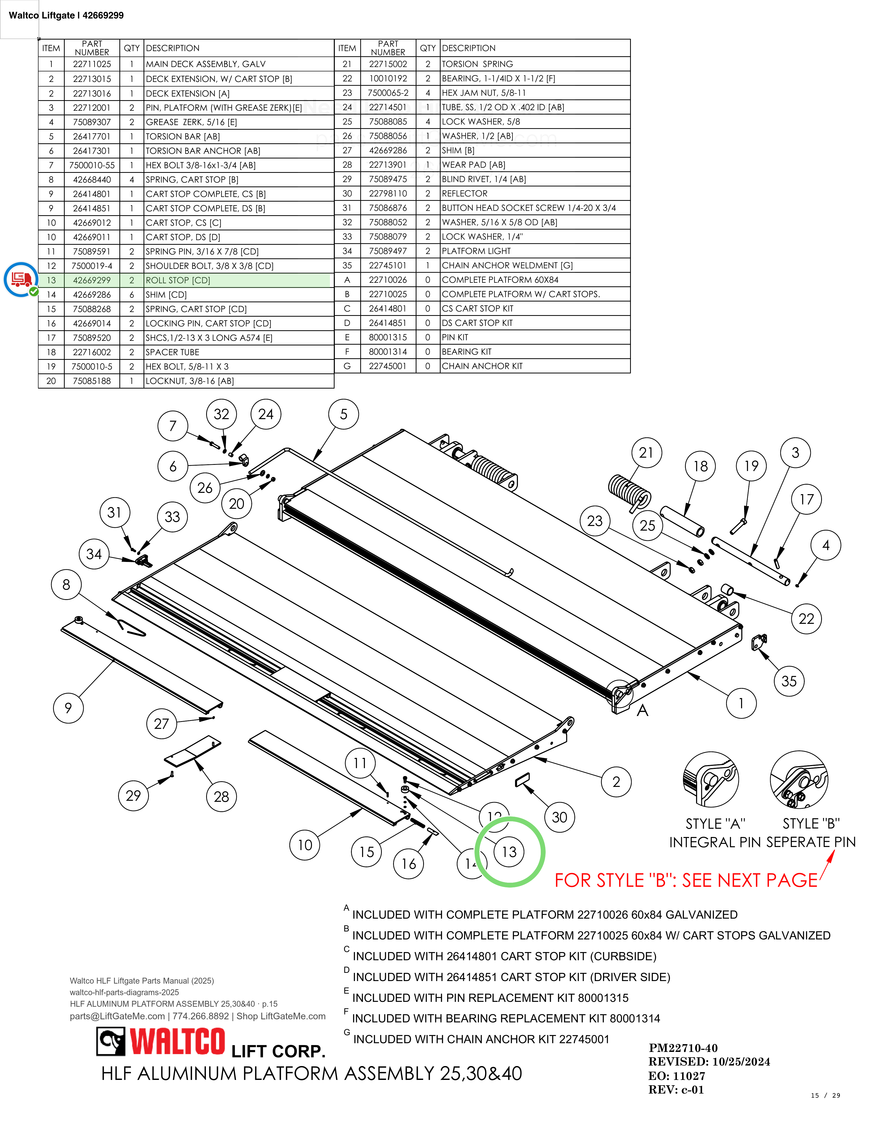 Waltco Liftgate | 42669299 — HLF ALUMINUM PLATFORM ASSEMBLY 25,30&40 · p.15 (Waltco HLF Parts Manual)