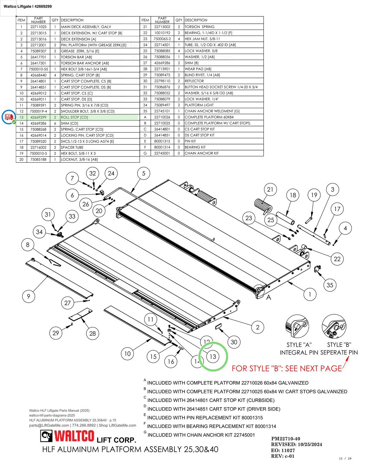 Waltco Liftgate | 42669299 — HLF ALUMINUM PLATFORM ASSEMBLY 25,30&40 · p.15 (Waltco HLF Parts Manual)
