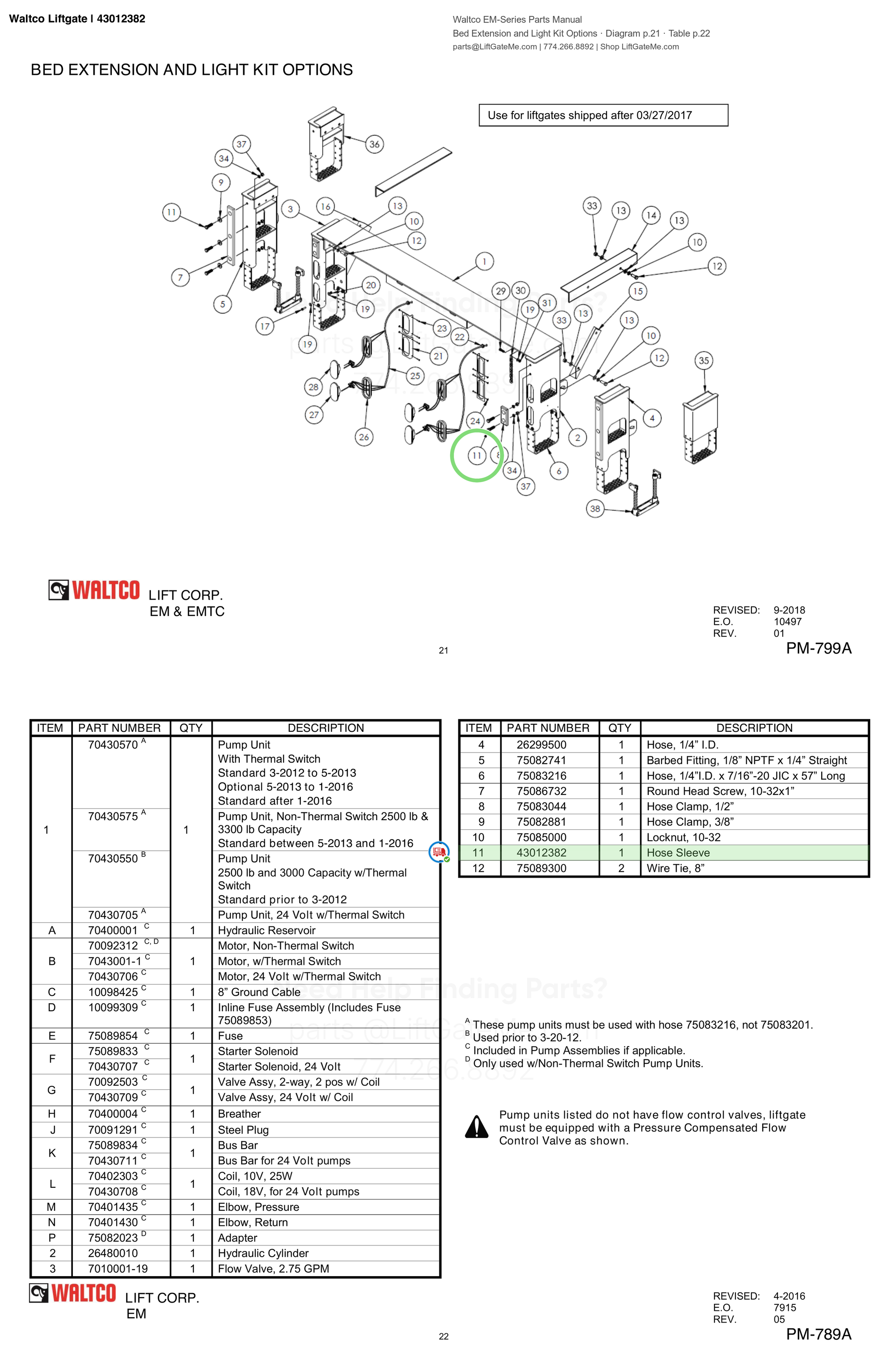 Waltco Liftgate | 43012382 — Bed Extension and Light Kit Options · Diagram p.21 · Table p.22 (Waltco EM-Series Parts Manual)