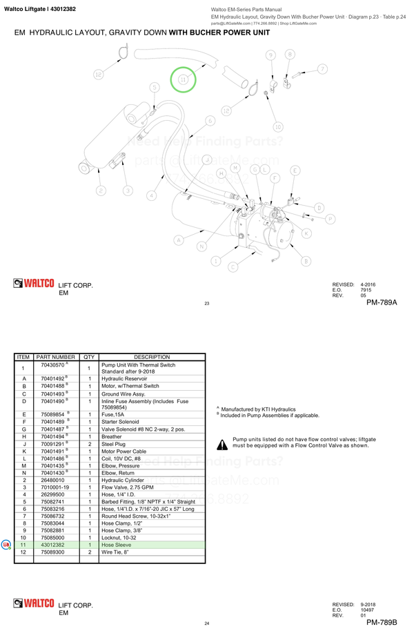 Waltco Liftgate | 43012382 — EM Hydraulic Layout, Gravity Down With Bucher Power Unit · Diagram p.23 · Table p.24 (Waltco EM-Series Parts Manual)