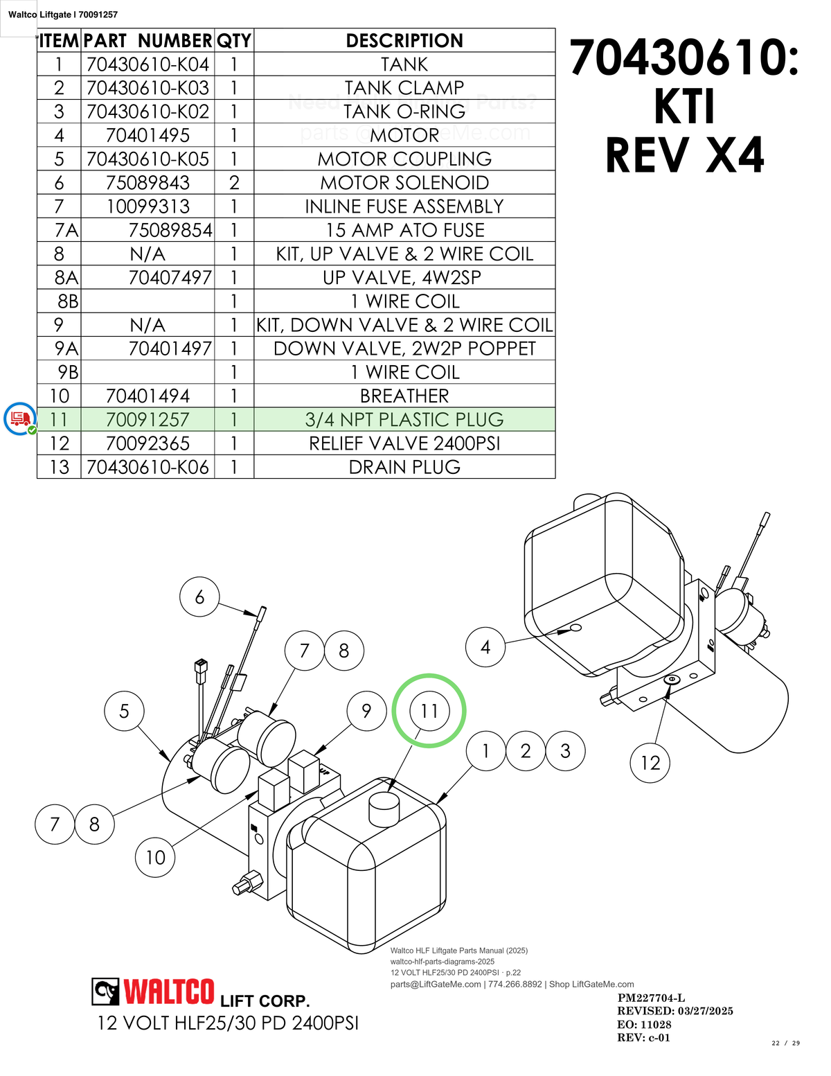 Waltco Liftgate | 70091257 — 12 VOLT HLF25/30 PD 2400PSI · p.22 (Waltco HLF Parts Manual)