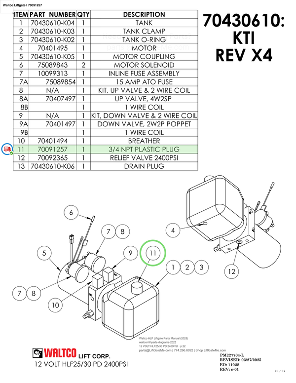 Waltco Liftgate | 70091257 — 12 VOLT HLF25/30 PD 2400PSI · p.22 (Waltco HLF Parts Manual)
