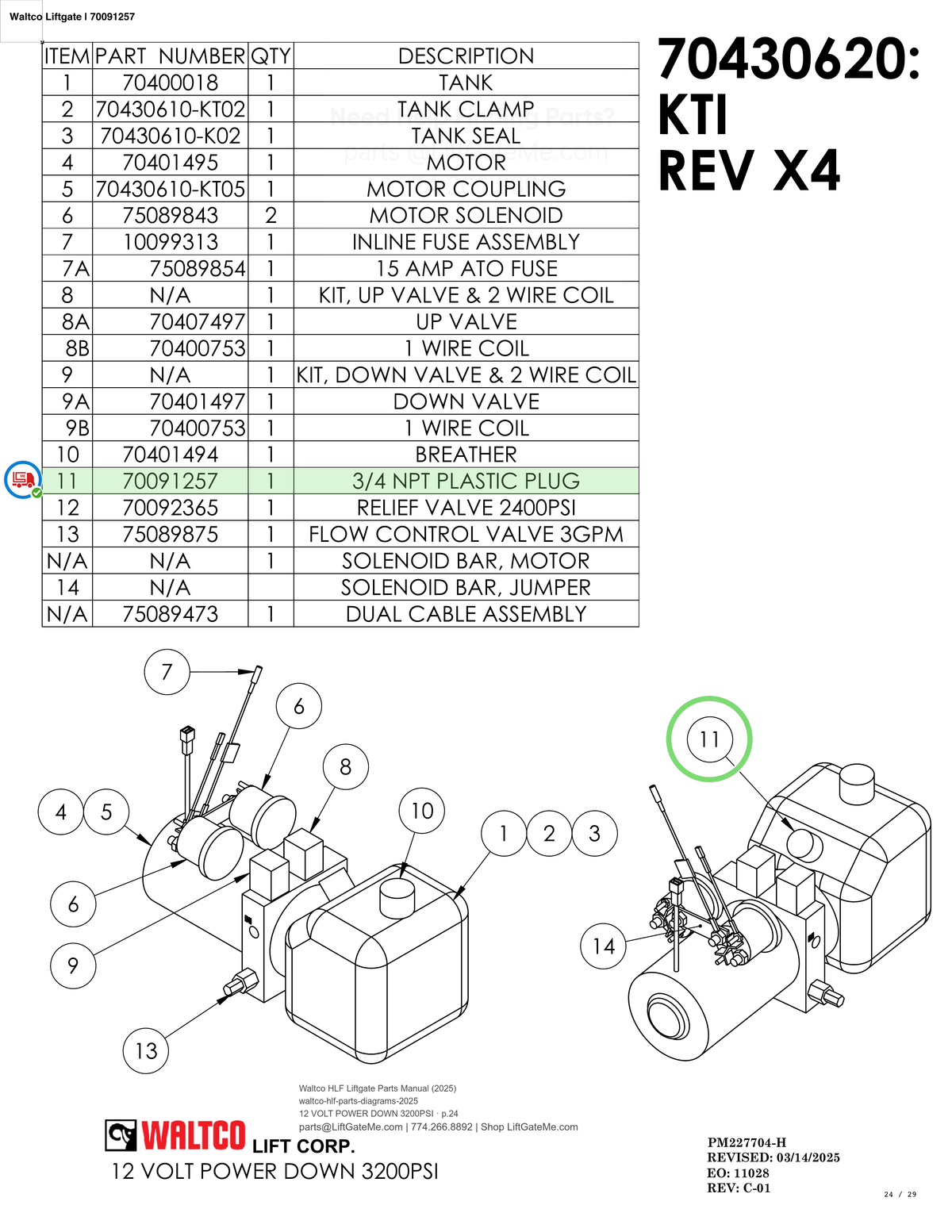 Waltco Liftgate | 70091257 — 12 VOLT POWER DOWN 3200PSI · p.24 (Waltco HLF Parts Manual)