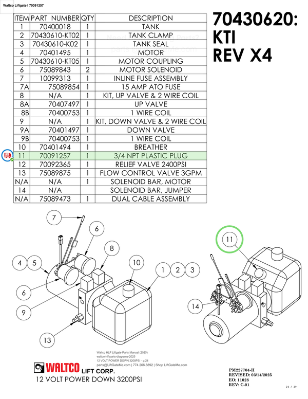 Waltco Liftgate | 70091257 — 12 VOLT POWER DOWN 3200PSI · p.24 (Waltco HLF Parts Manual)