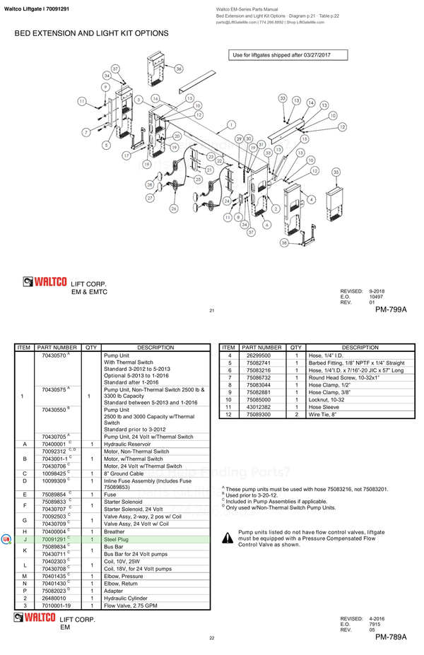 Waltco Liftgate | 70091291 — Bed Extension and Light Kit Options · Diagram p.21 · Table p.22 (Waltco EM-Series Parts Manual)