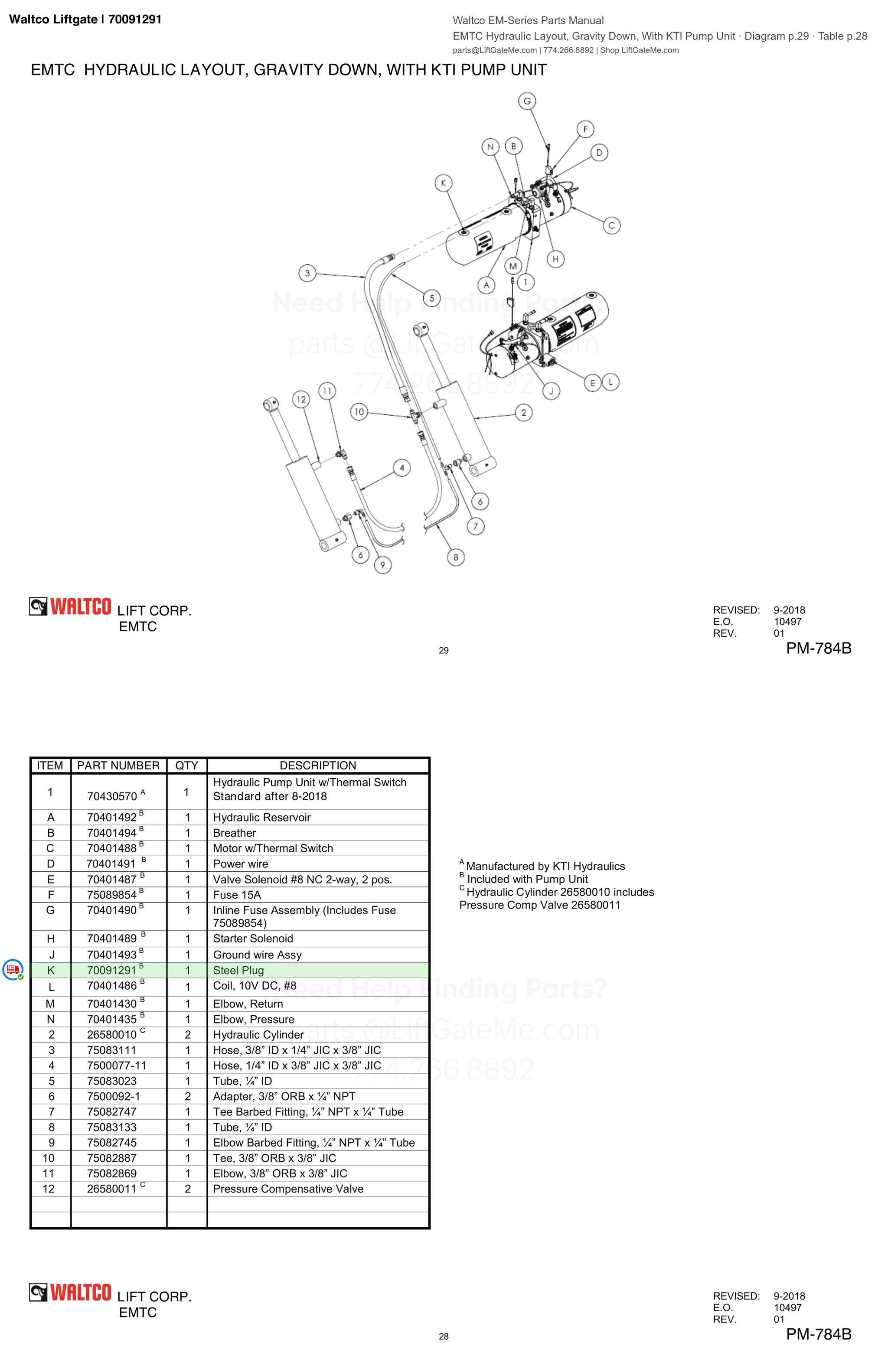 Waltco Liftgate | 70091291 — EMTC Hydraulic Layout, Gravity Down, With KTI Pump Unit · Diagram p.29 · Table p.28 (Waltco EM-Series Parts Manual)