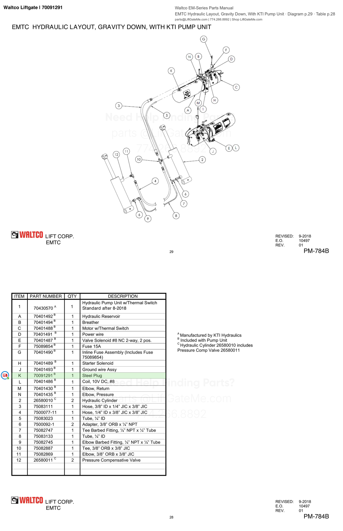 Waltco Liftgate | 70091291 — EMTC Hydraulic Layout, Gravity Down, With KTI Pump Unit · Diagram p.29 · Table p.28 (Waltco EM-Series Parts Manual)