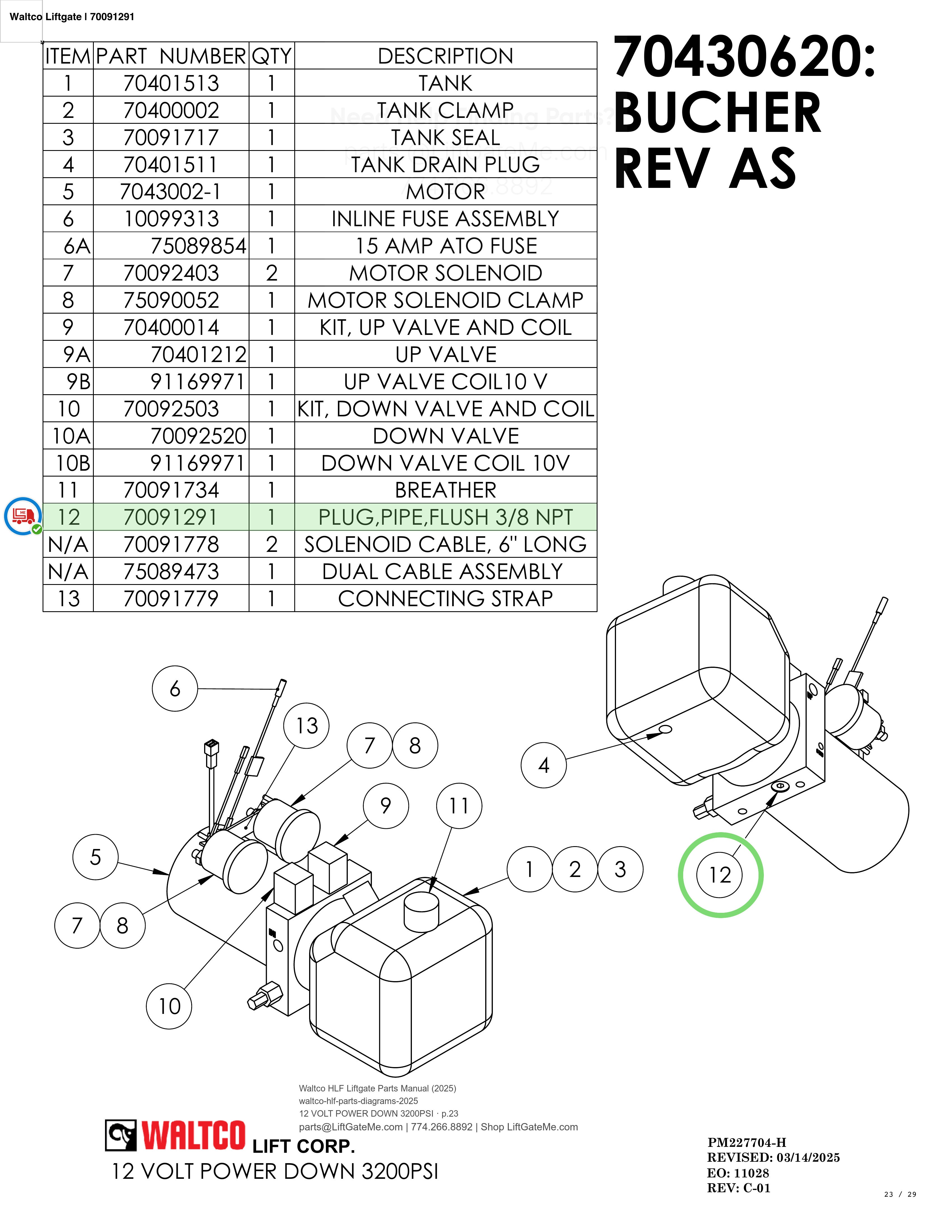 Waltco Liftgate | 70091291 — 12 VOLT POWER DOWN 3200PSI · p.23 (Waltco HLF Parts Manual)