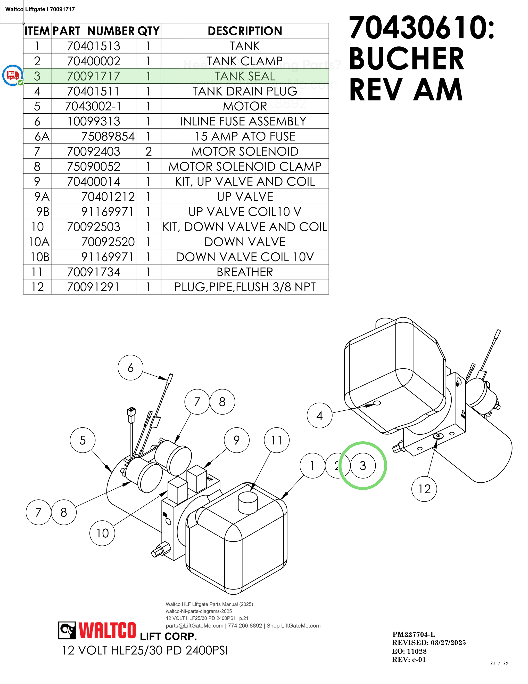 Waltco Liftgate | 70091717 — 12 VOLT HLF25/30 PD 2400PSI · p.21 (Waltco HLF Parts Manual)