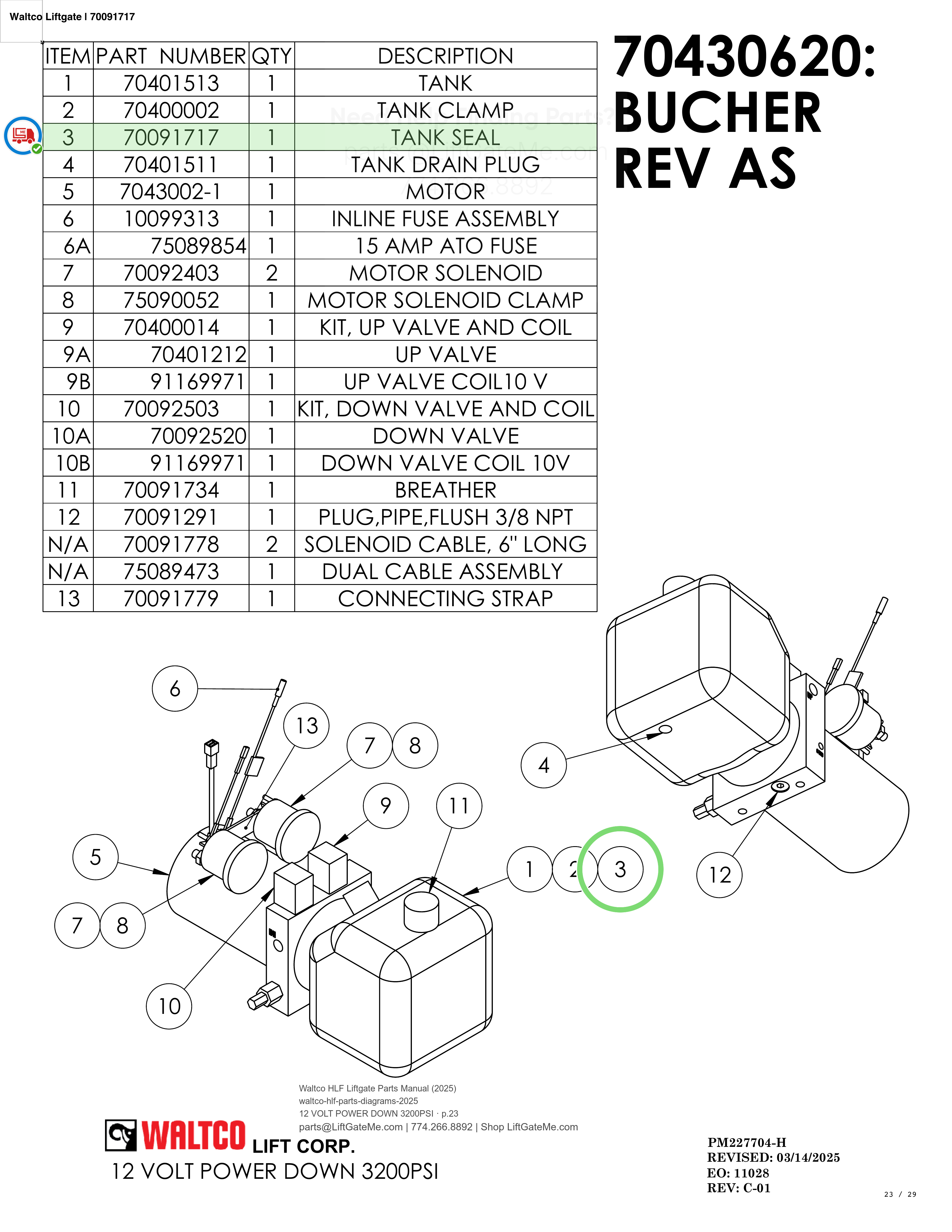 Waltco Liftgate | 70091717 — 12 VOLT POWER DOWN 3200PSI · p.23 (Waltco HLF Parts Manual)