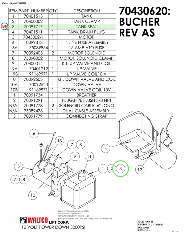 Waltco Liftgate | 70091717 — 12 VOLT POWER DOWN 3200PSI · p.23 (Waltco HLF Parts Manual)
