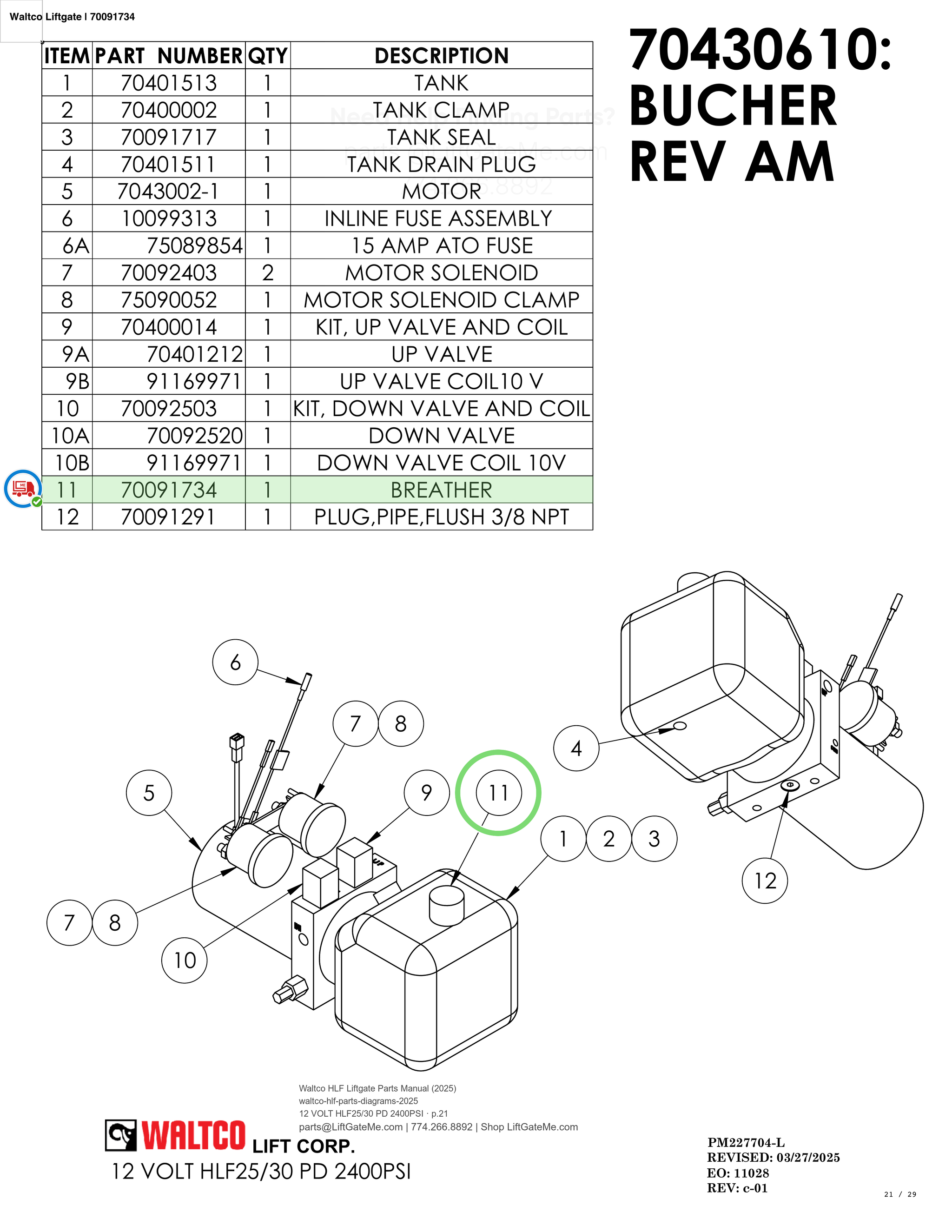 Waltco Liftgate | 70091734 — 12 VOLT HLF25/30 PD 2400PSI · p.21 (Waltco HLF Parts Manual)