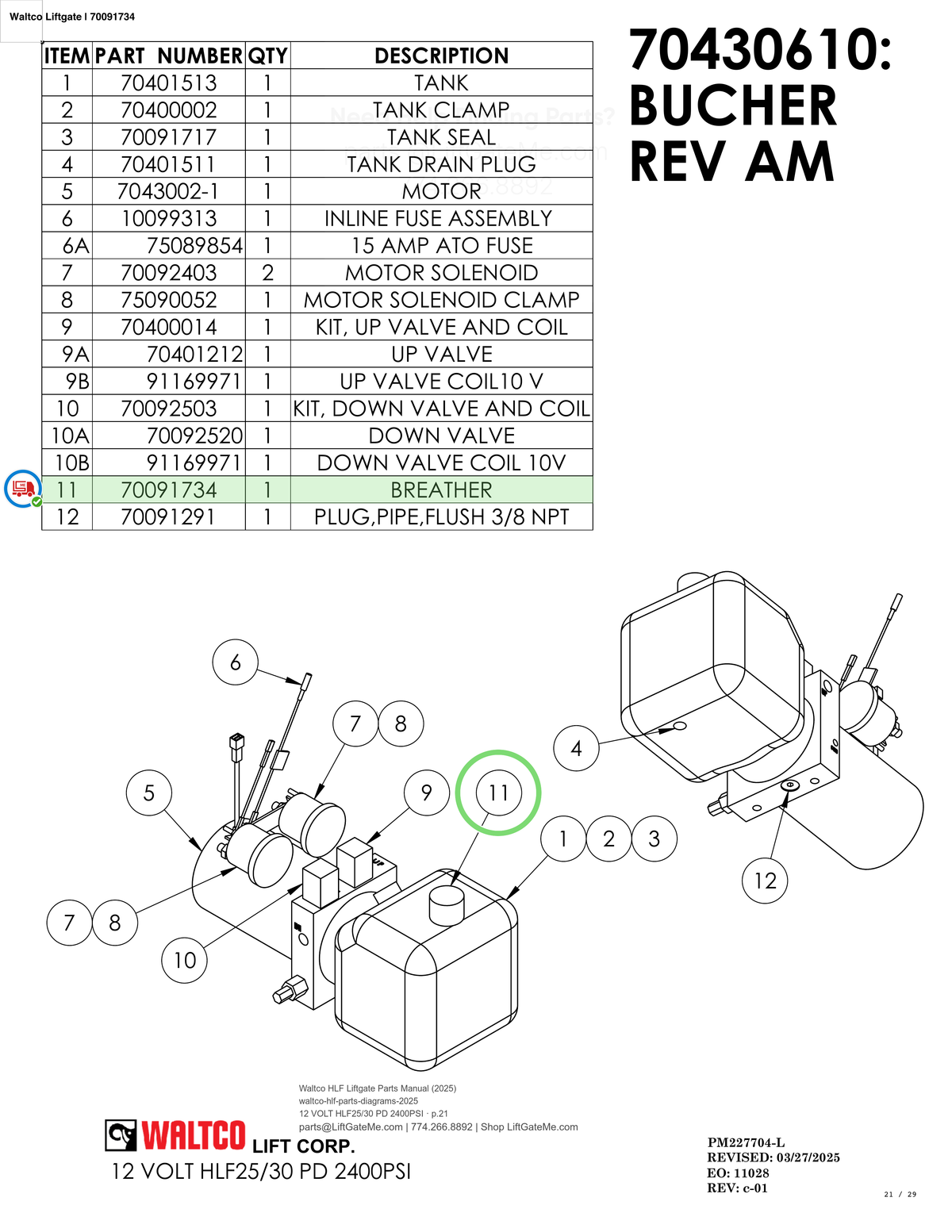 Waltco Liftgate | 70091734 — 12 VOLT HLF25/30 PD 2400PSI · p.21 (Waltco HLF Parts Manual)