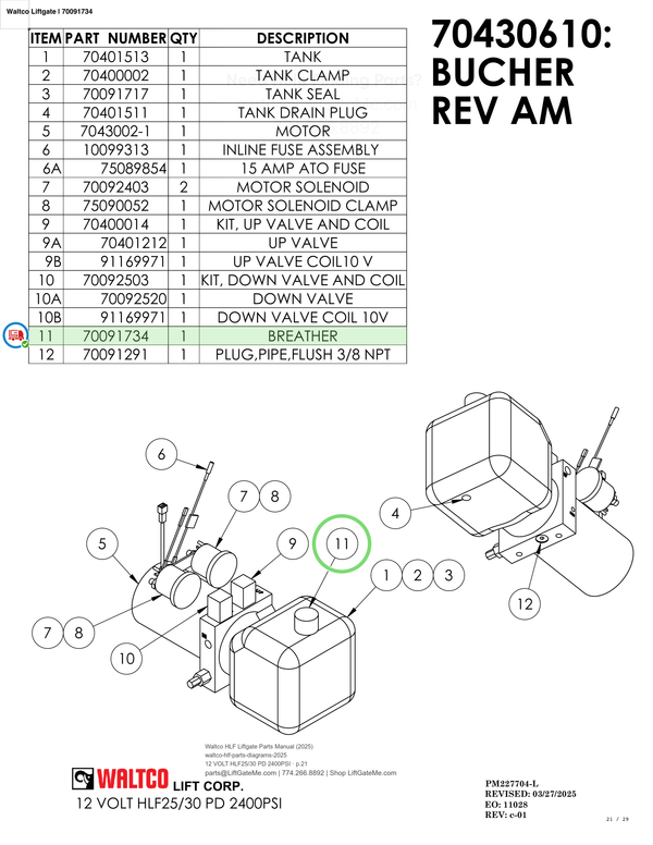 Waltco Liftgate | 70091734 — 12 VOLT HLF25/30 PD 2400PSI · p.21 (Waltco HLF Parts Manual)
