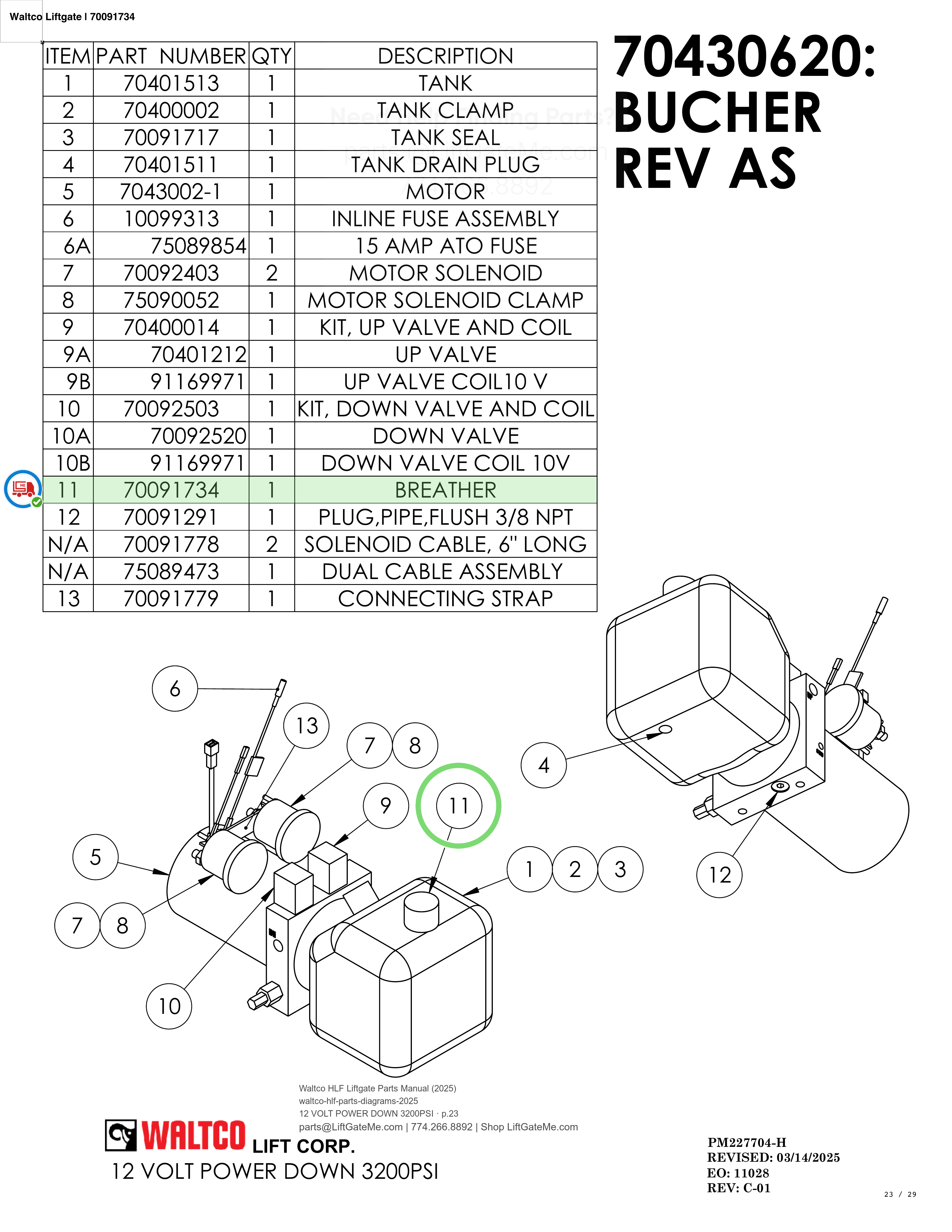 Waltco Liftgate | 70091734 — 12 VOLT POWER DOWN 3200PSI · p.23 (Waltco HLF Parts Manual)