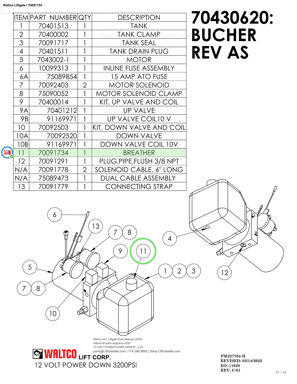 Waltco Liftgate | 70091734 — 12 VOLT POWER DOWN 3200PSI · p.23 (Waltco HLF Parts Manual)