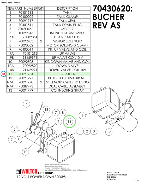 Waltco Liftgate | 70091734 — 12 VOLT POWER DOWN 3200PSI · p.23 (Waltco HLF Parts Manual)