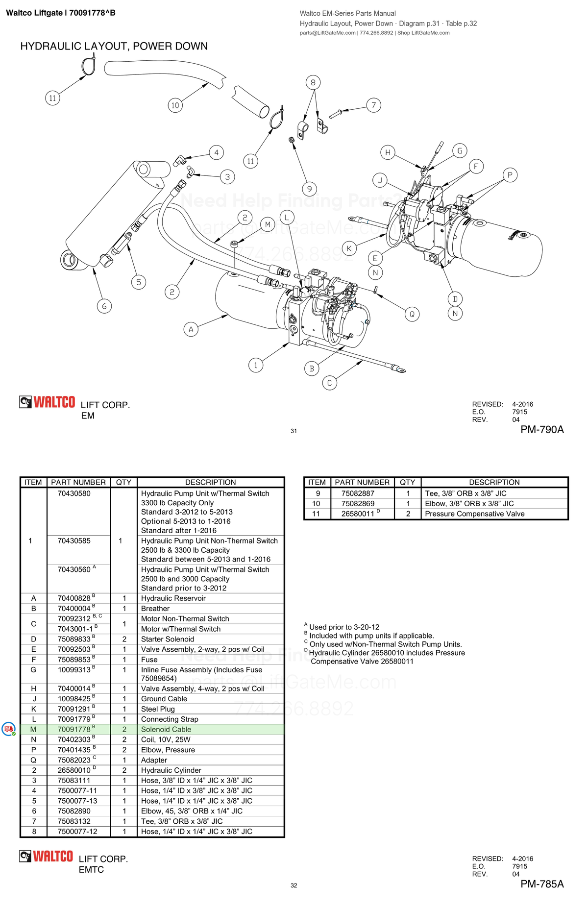 Waltco Liftgate | 70091778 — Hydraulic Layout, Power Down · Diagram p.31 · Table p.32 (Waltco EM-Series Parts Manual)