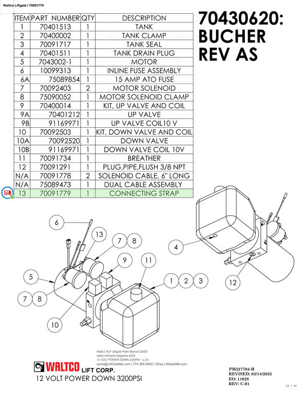 Waltco Liftgate | 70091779 — 12 VOLT POWER DOWN 3200PSI · p.23 (Waltco HLF Parts Manual)