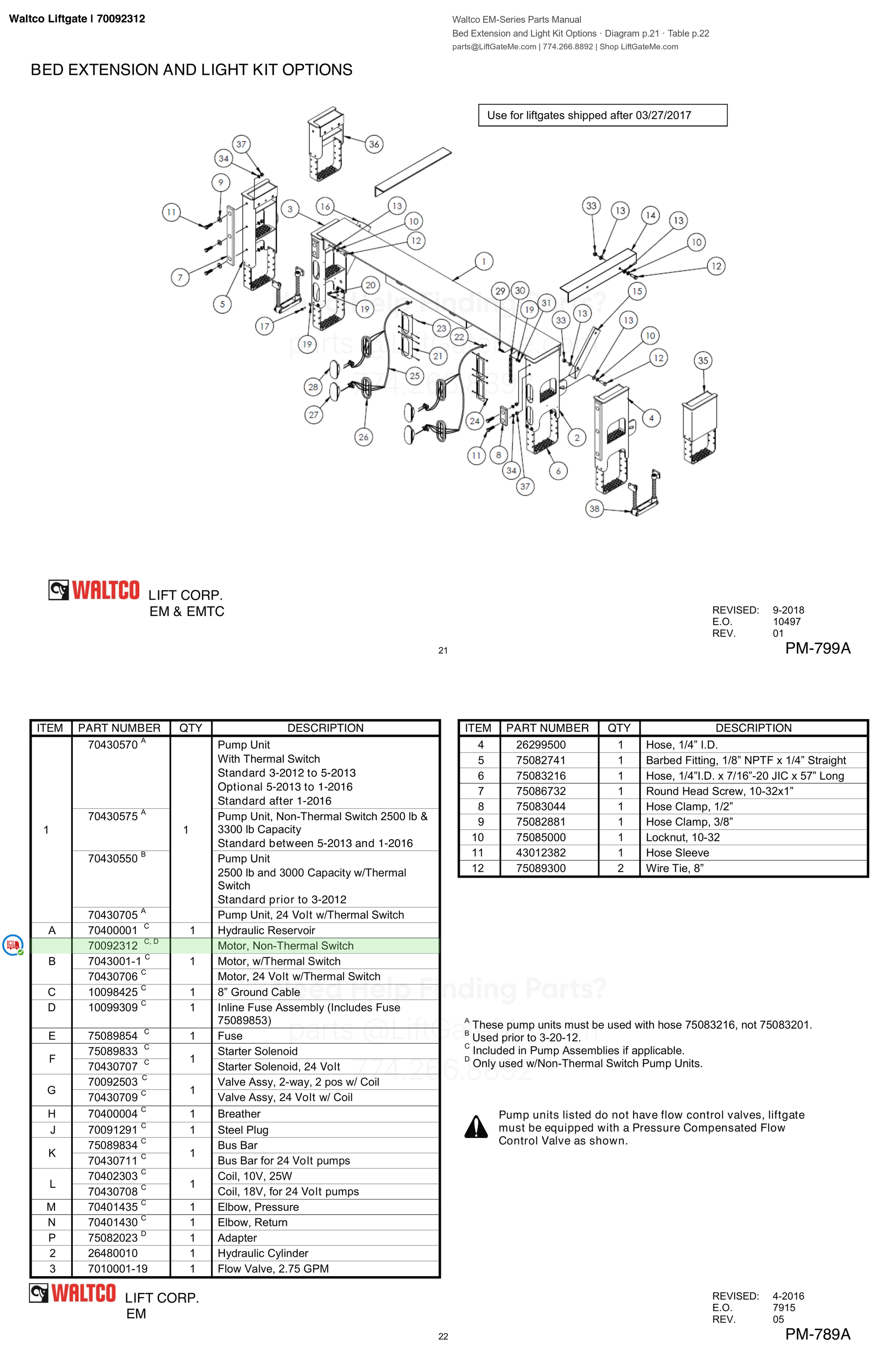 Waltco Liftgate | 70092312 — Bed Extension and Light Kit Options · Diagram p.21 · Table p.22 (Waltco EM-Series Parts Manual)