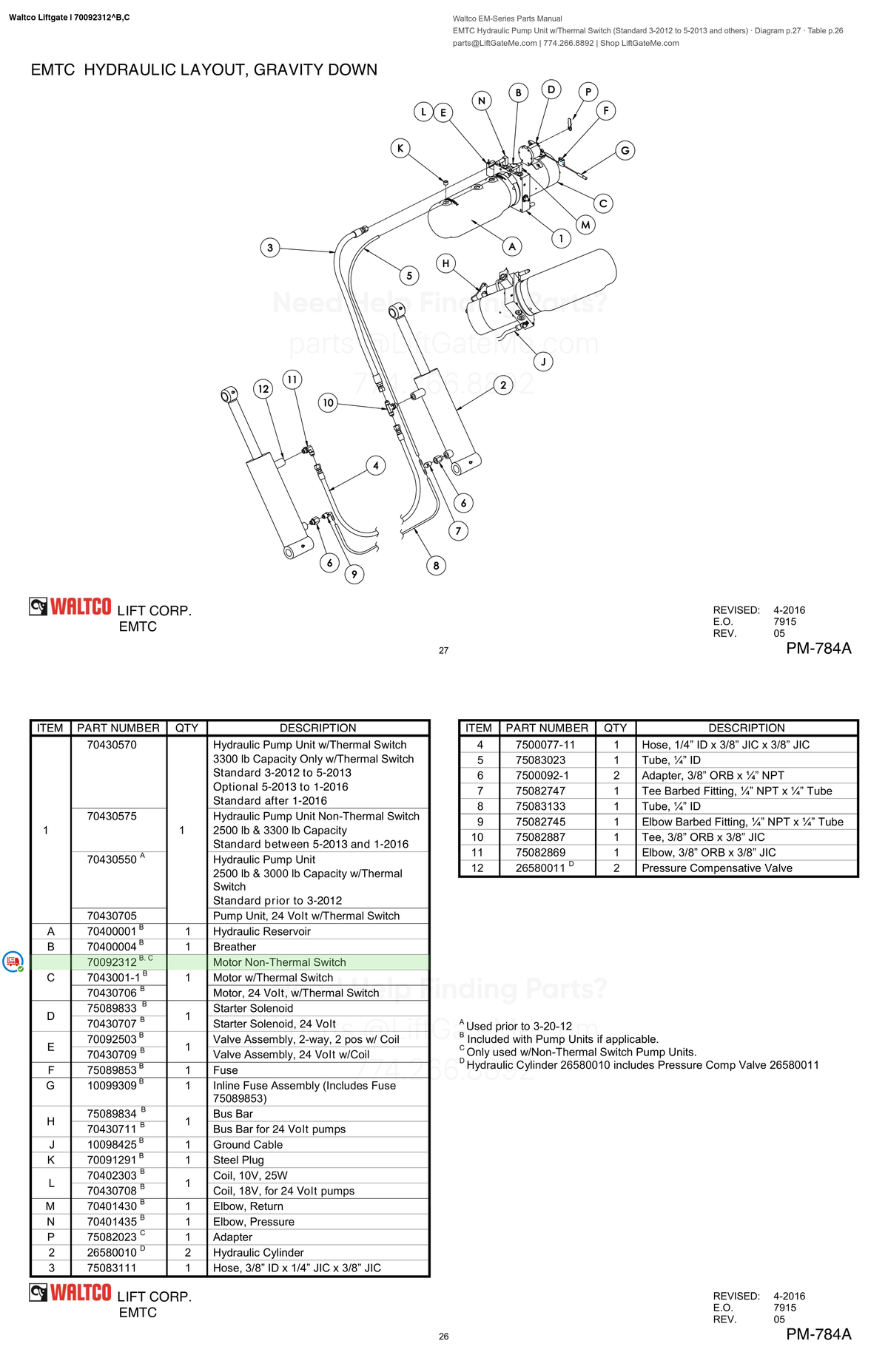 Waltco Liftgate | 70092312 — EMTC Hydraulic Pump Unit w/Thermal Switch (Standard 3-2012 to 5-2013 and others) · Diagram p.27 · Table p.26 (Waltco EM-Series Parts Manual)