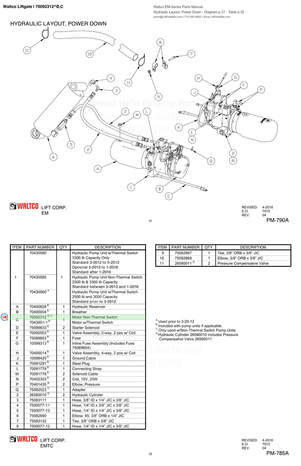 Waltco Liftgate | 70092312 — Hydraulic Layout, Power Down · Diagram p.31 · Table p.32 (Waltco EM-Series Parts Manual)