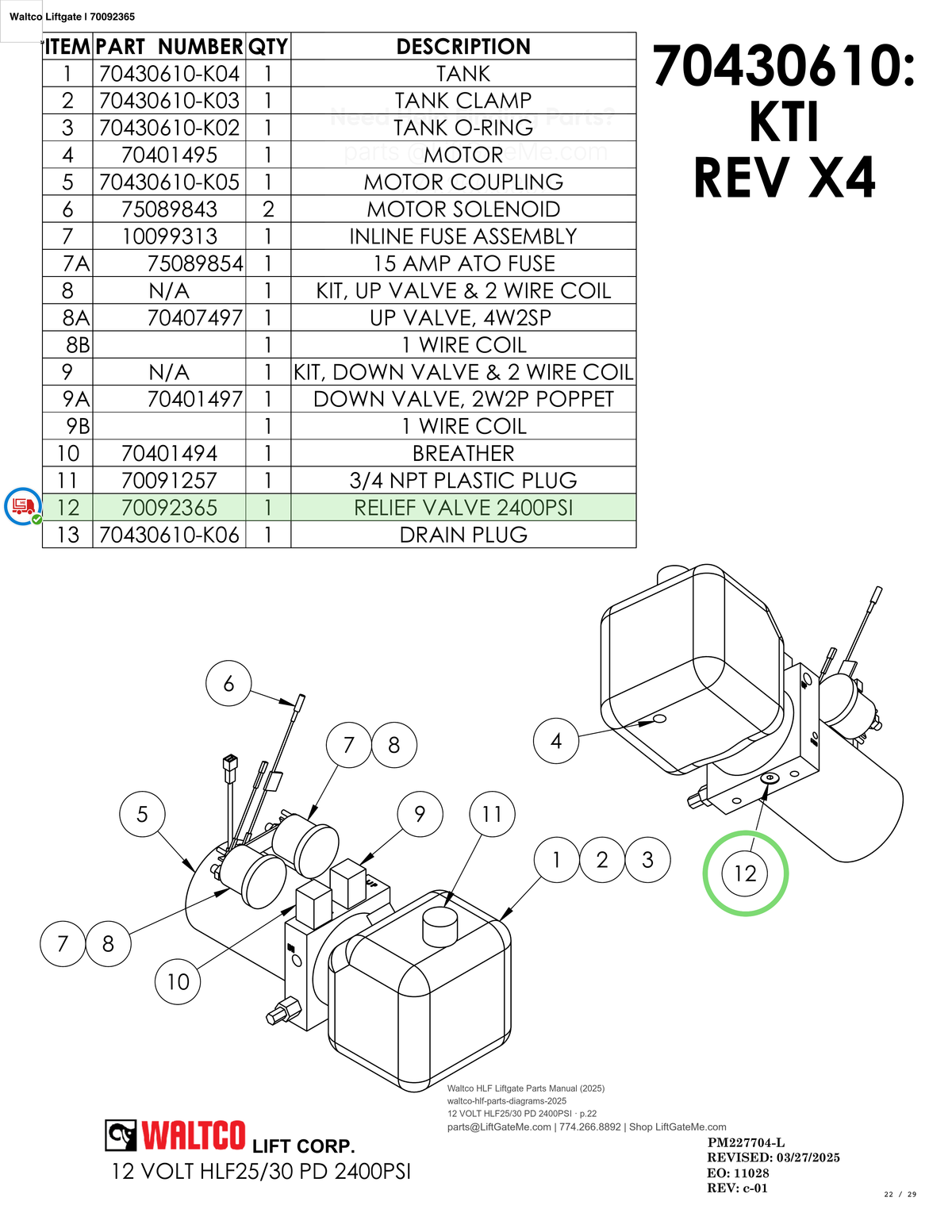 Waltco Liftgate | 70092365 — 12 VOLT HLF25/30 PD 2400PSI · p.22 (Waltco HLF Parts Manual)