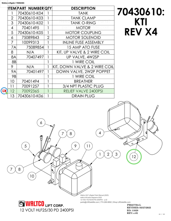 Waltco Liftgate | 70092365 — 12 VOLT HLF25/30 PD 2400PSI · p.22 (Waltco HLF Parts Manual)