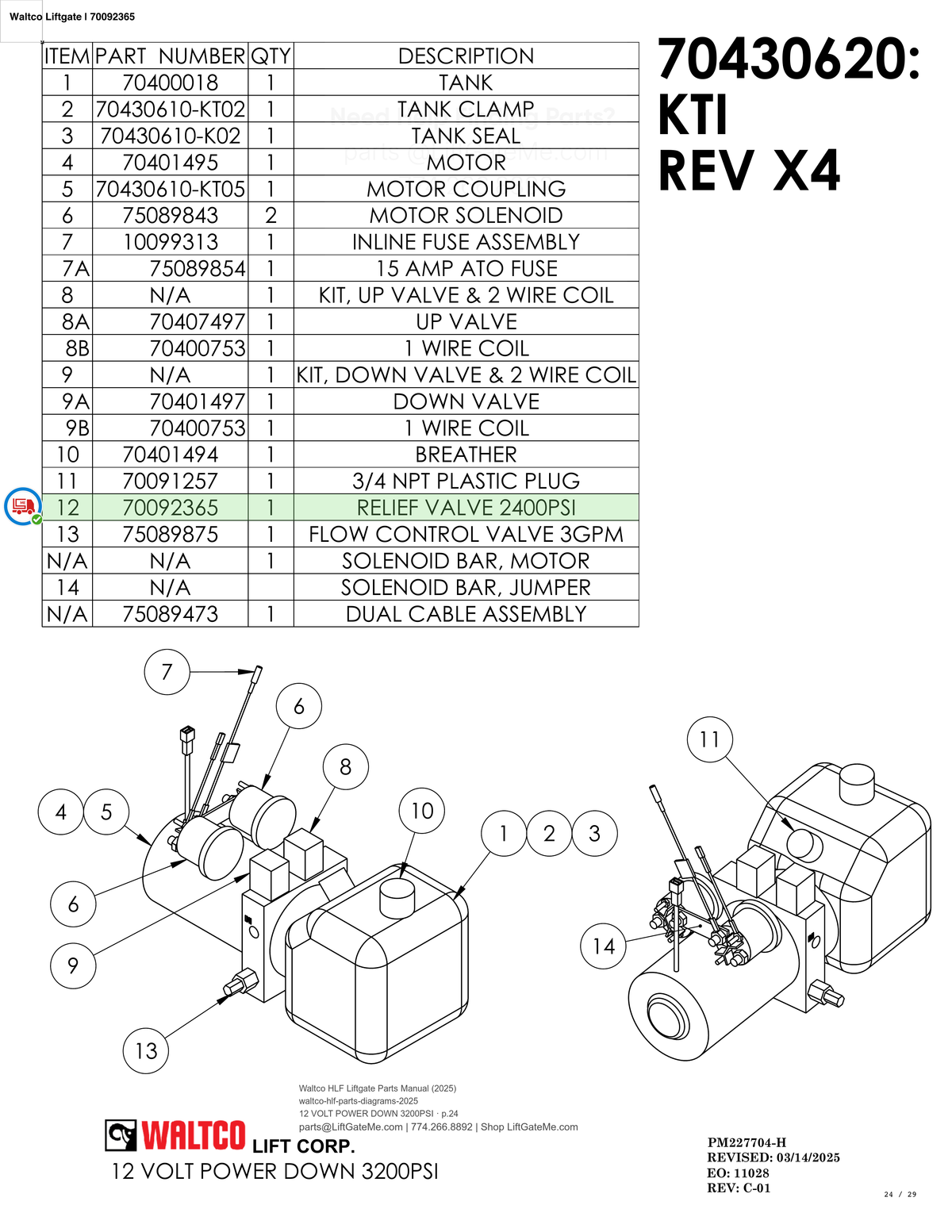 Waltco Liftgate | 70092365 — 12 VOLT POWER DOWN 3200PSI · p.24 (Waltco HLF Parts Manual)