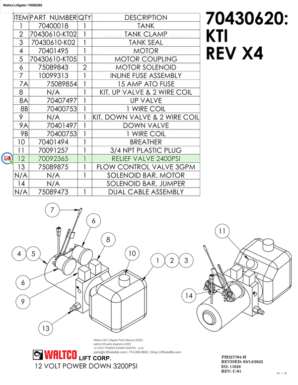 Waltco Liftgate | 70092365 — 12 VOLT POWER DOWN 3200PSI · p.24 (Waltco HLF Parts Manual)
