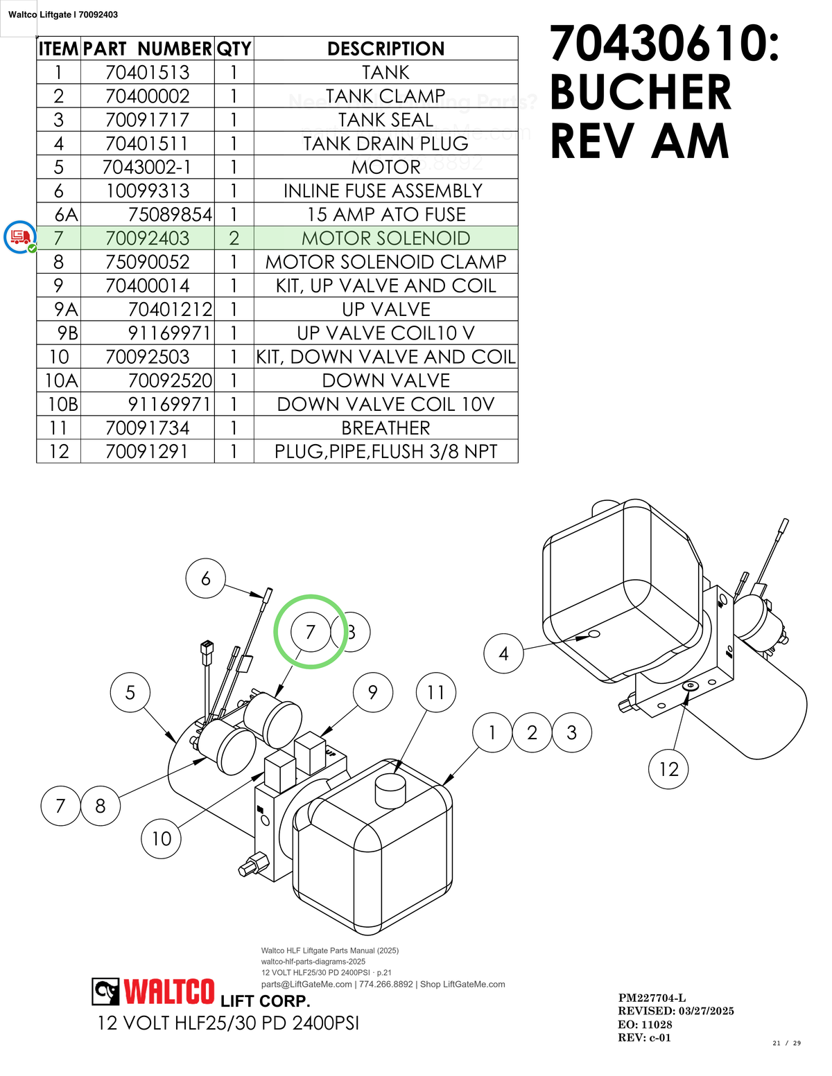 Waltco Liftgate | 70092403 — 12 VOLT HLF25/30 PD 2400PSI · p.21 (Waltco HLF Parts Manual)