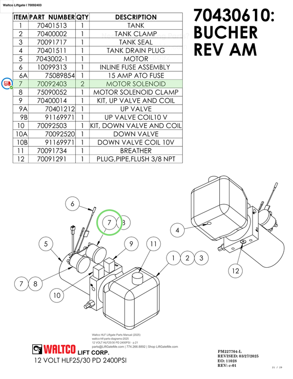 Waltco Liftgate | 70092403 — 12 VOLT HLF25/30 PD 2400PSI · p.21 (Waltco HLF Parts Manual)