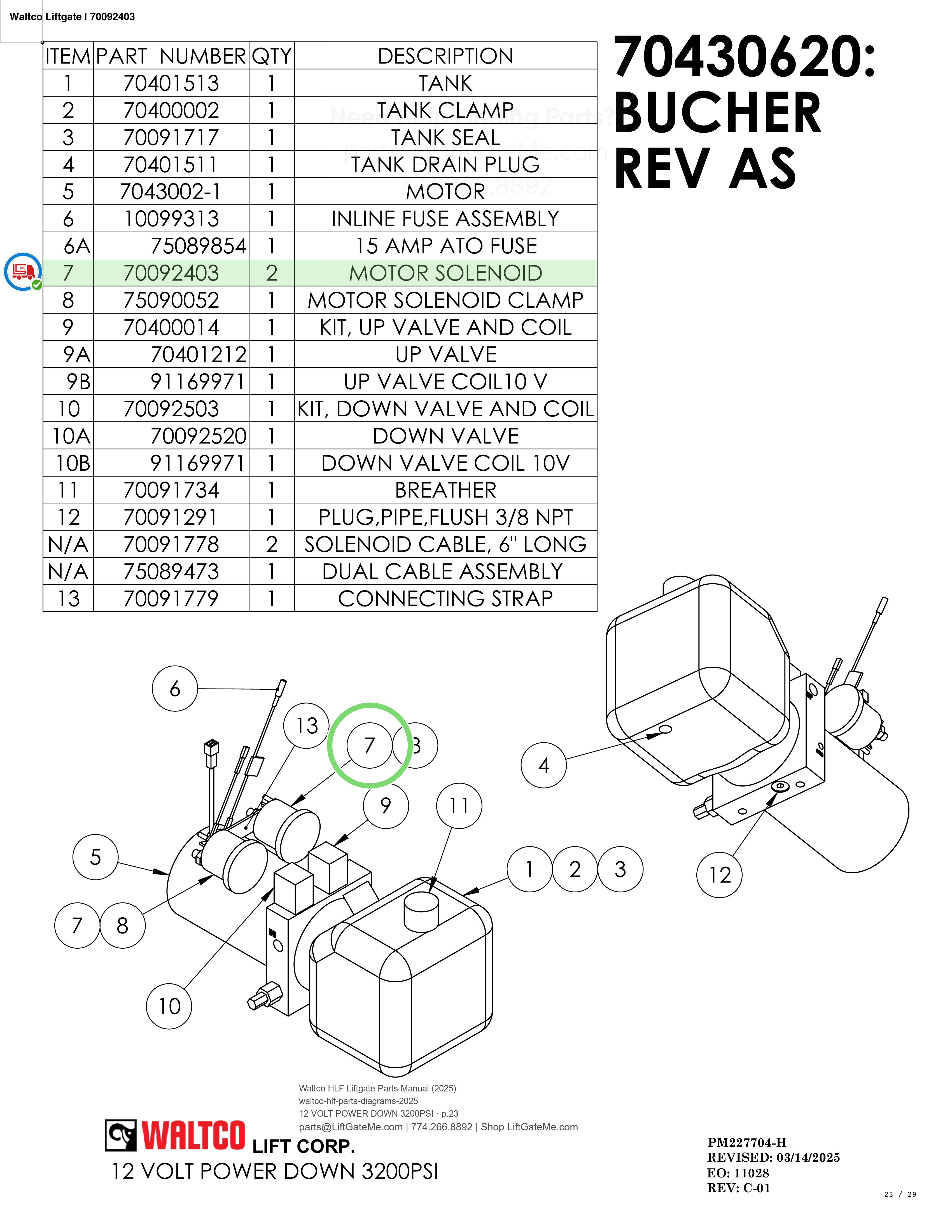 Waltco Liftgate | 70092403 — 12 VOLT POWER DOWN 3200PSI · p.23 (Waltco HLF Parts Manual)
