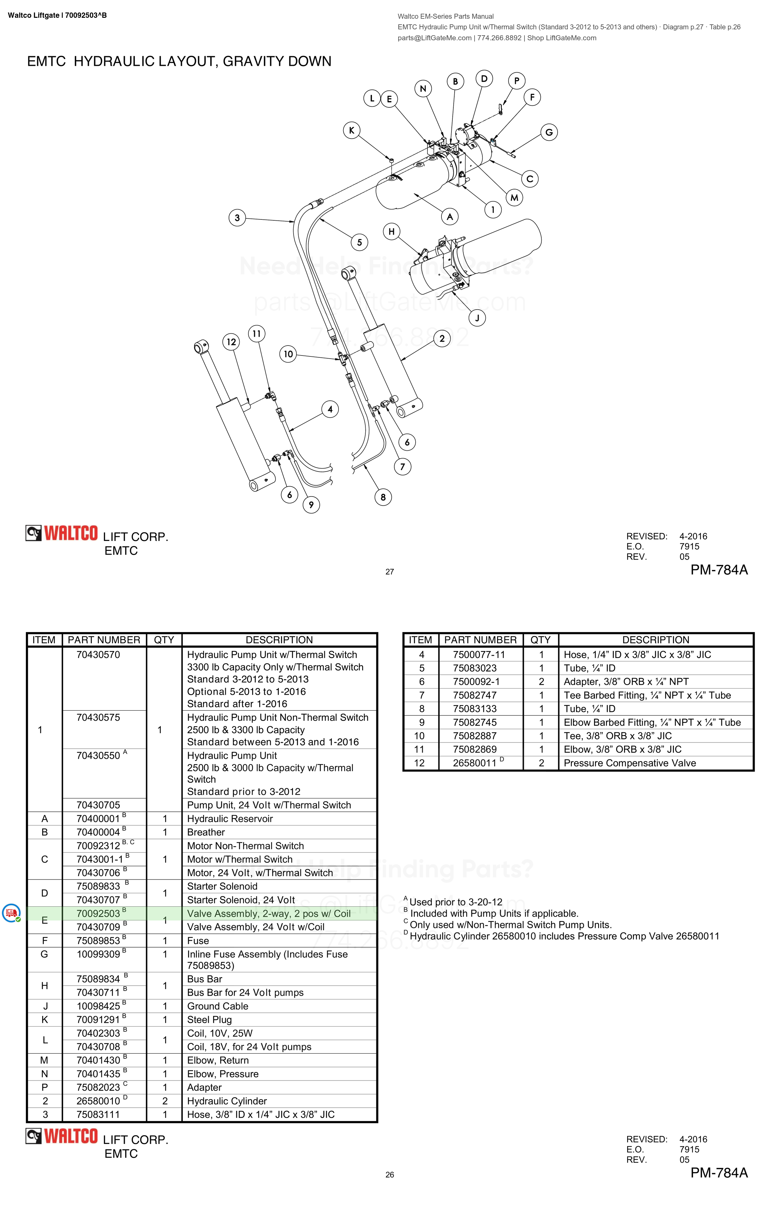 Waltco Liftgate | 70092503 — EMTC Hydraulic Pump Unit w/Thermal Switch (Standard 3-2012 to 5-2013 and others) · Diagram p.27 · Table p.26 (Waltco EM-Series Parts Manual)