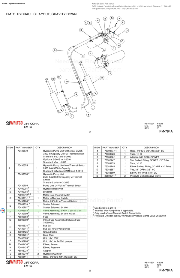 Waltco Liftgate | 70092503 — EMTC Hydraulic Pump Unit w/Thermal Switch (Standard 3-2012 to 5-2013 and others) · Diagram p.27 · Table p.26 (Waltco EM-Series Parts Manual)