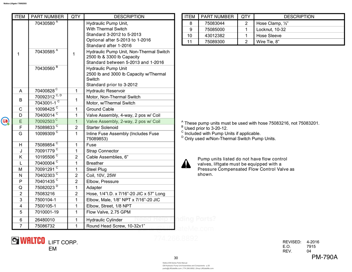 Waltco Liftgate | 70092503 — EM Hydraulic Pump Unit Assemblies and Components · p.30 (Waltco EM-Series Parts Manual)