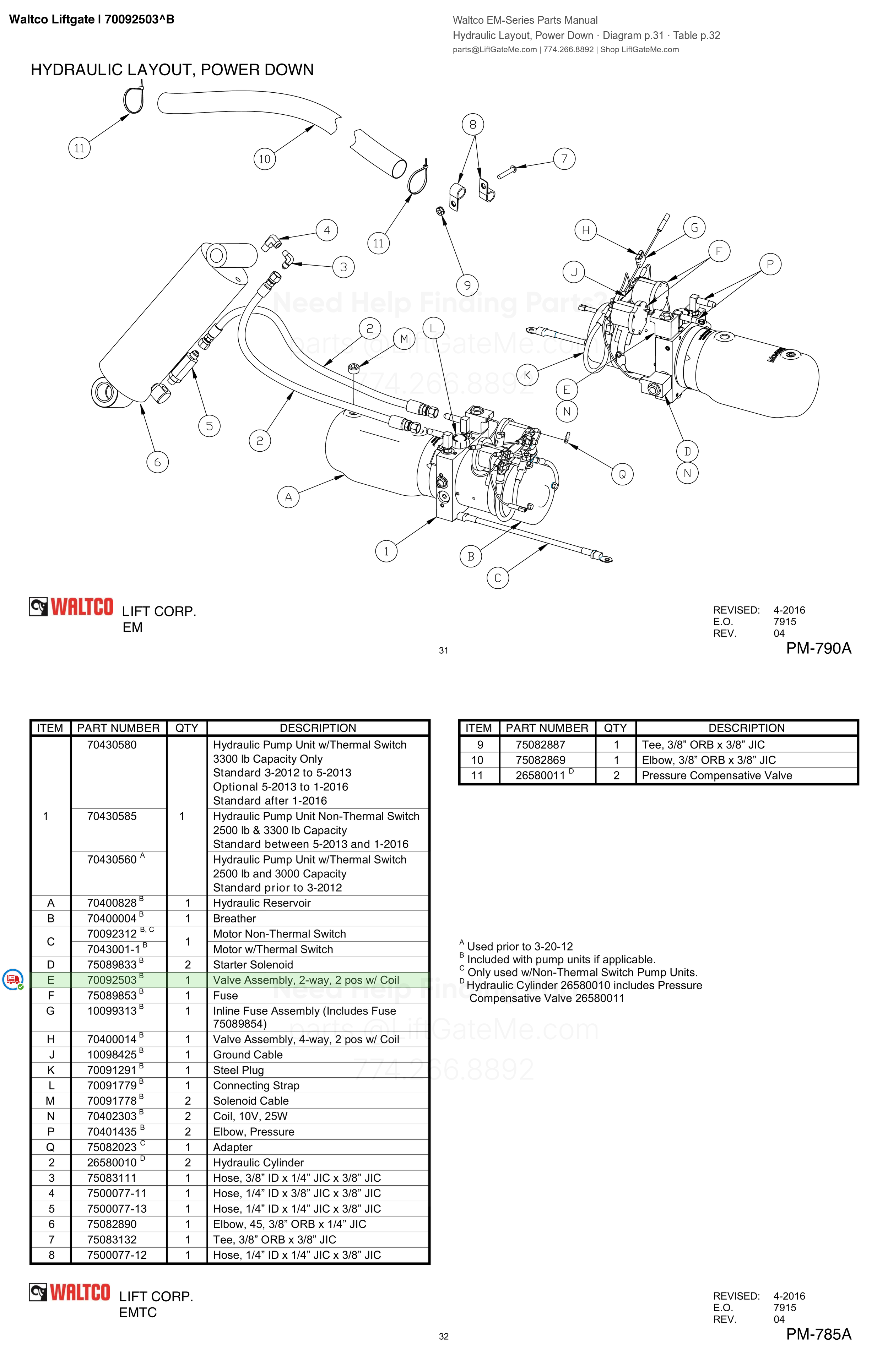 Waltco Liftgate | 70092503 — Hydraulic Layout, Power Down · Diagram p.31 · Table p.32 (Waltco EM-Series Parts Manual)